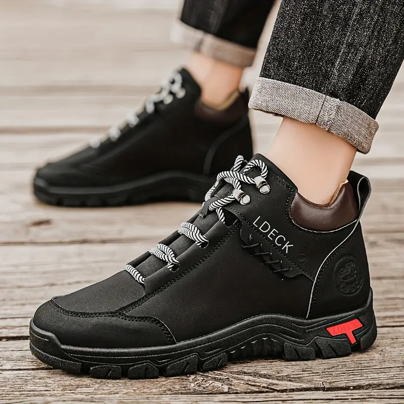 1pair vintage style mens high top casual sneakers solid color lace up upper fabric inner pvc sole round toe for hiking daily wear Product details 6