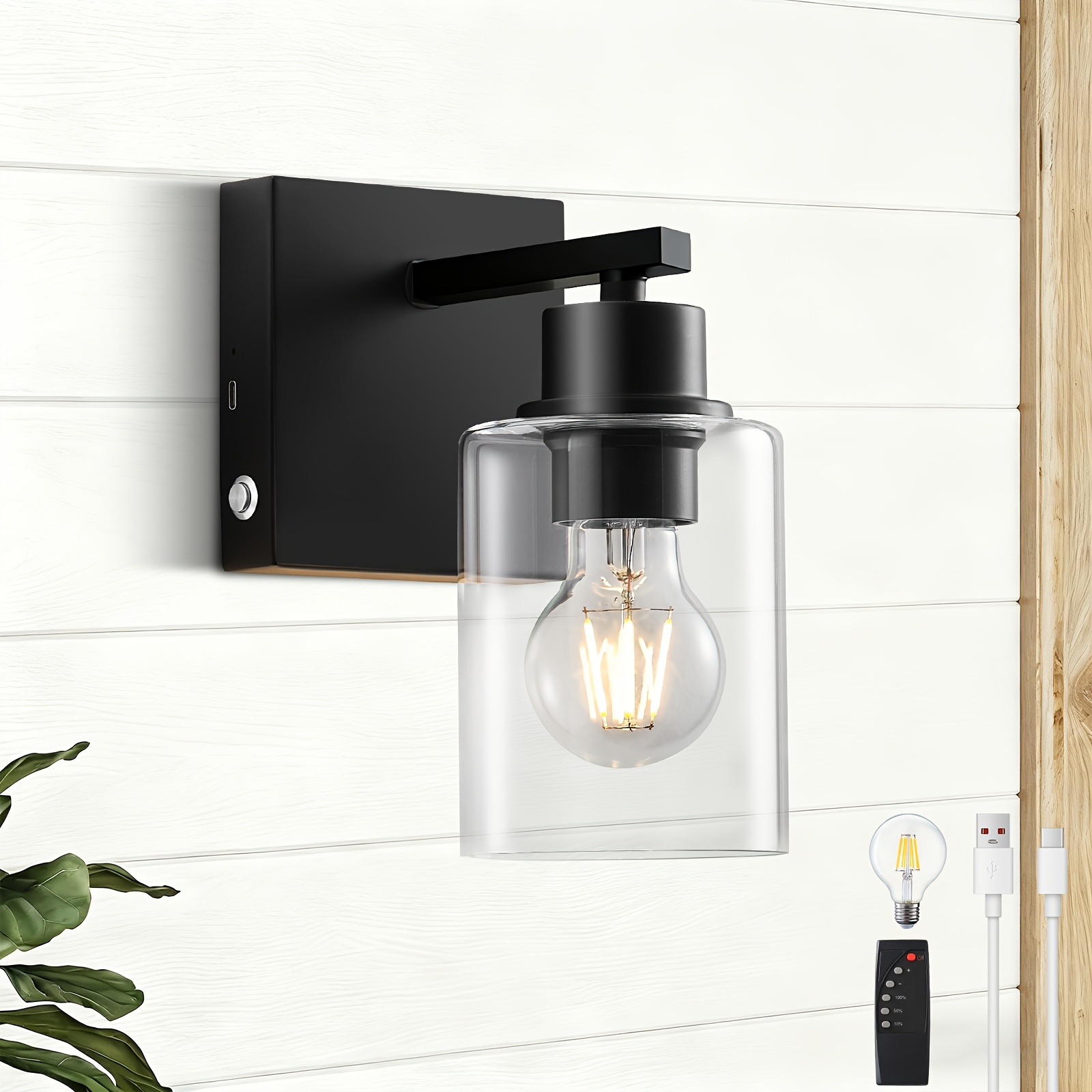 TEMU Ensemble de 2 ou 1 appliques murales à piles, rechargeables pour , avec réglages de luminosité, contrôle tactile, chargement USB et une lumière