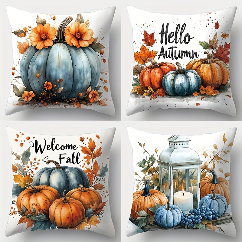 

Contemporary 4-pack Autumn Pumpkin Fall Leaves Print Throw Pillow Covers – Hand Wash, Zipper Closure, Woven Polyester, Living Room Decor, 45 X