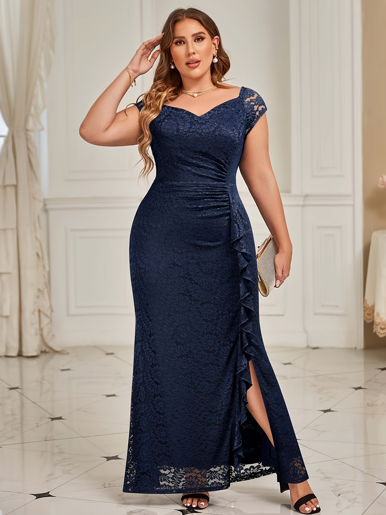 knee length dresses for ladies Poly USA W1032 Plus Size Long Embroidered Bodice Satin Dress