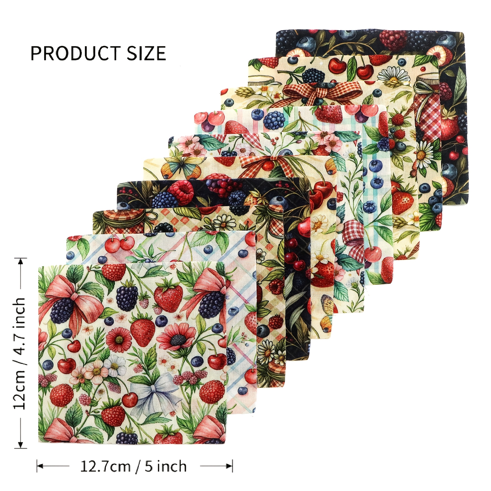 TEMU 10pcs/set Fruit Series Bows Flower Plaid Strawberry Daisy Blueberry Fat Quarter Fabric, Pre-cut Square Fabric Assortment, Fabric Set, Craft