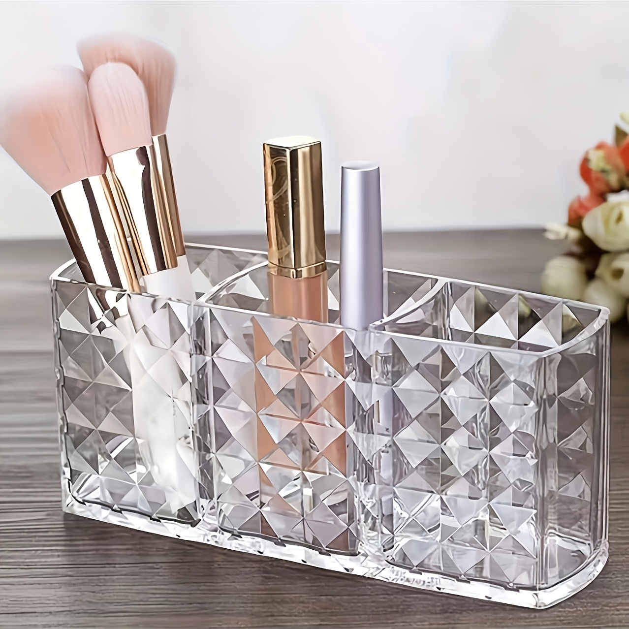 

Large Capacity Makeup Organizer - Transparent Plastic Cosmetic Storage Box, Portable Countertop Display For Brushes, Lipstick, Eyeliner Pens, And Lip Gloss, Powder Brush Holder, Multifunctional