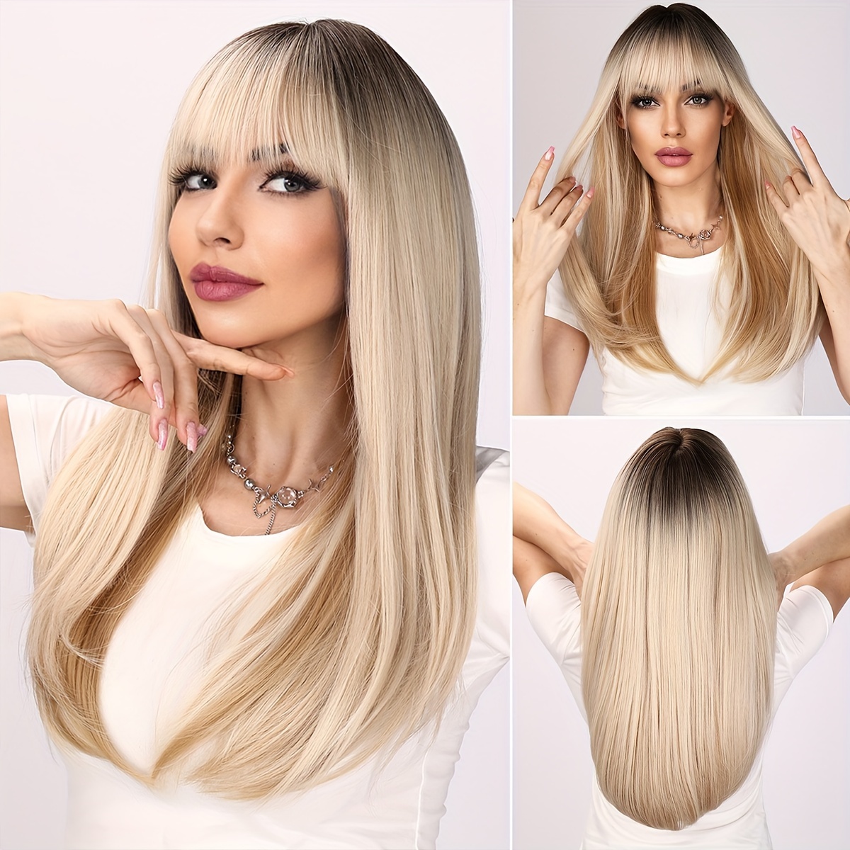 

22 Inch Synthetic Fiber Golden Straight Hair Natural Bangs Wig, Creating A Perfect And Elegant Exclusive Look