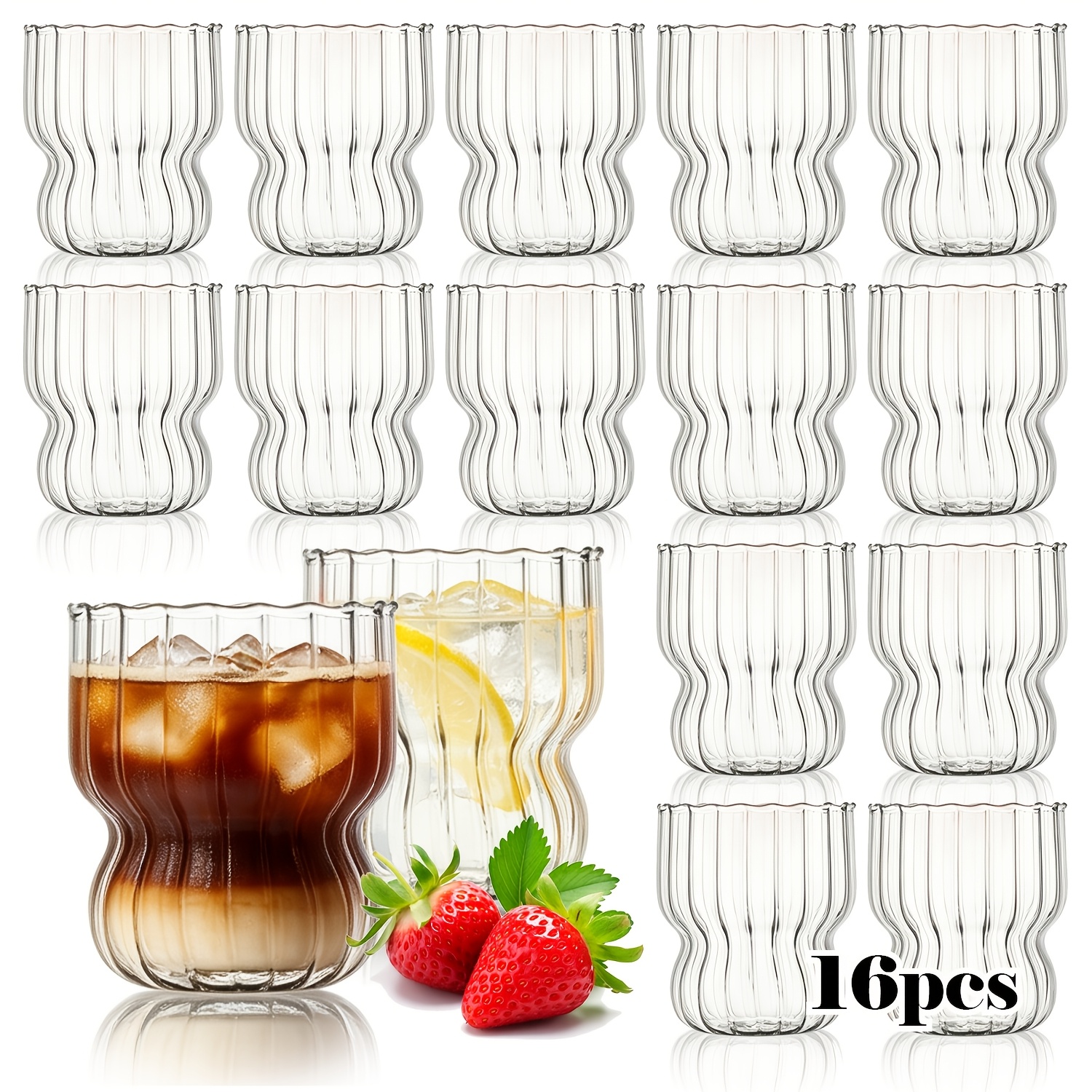 Image of 16pcs Retro Wave Drinking Glasses, Unique Striped Glassware For Weddings, Roostertails, Yogurt, Glass Cups Coffee Cups 300ml/10oz