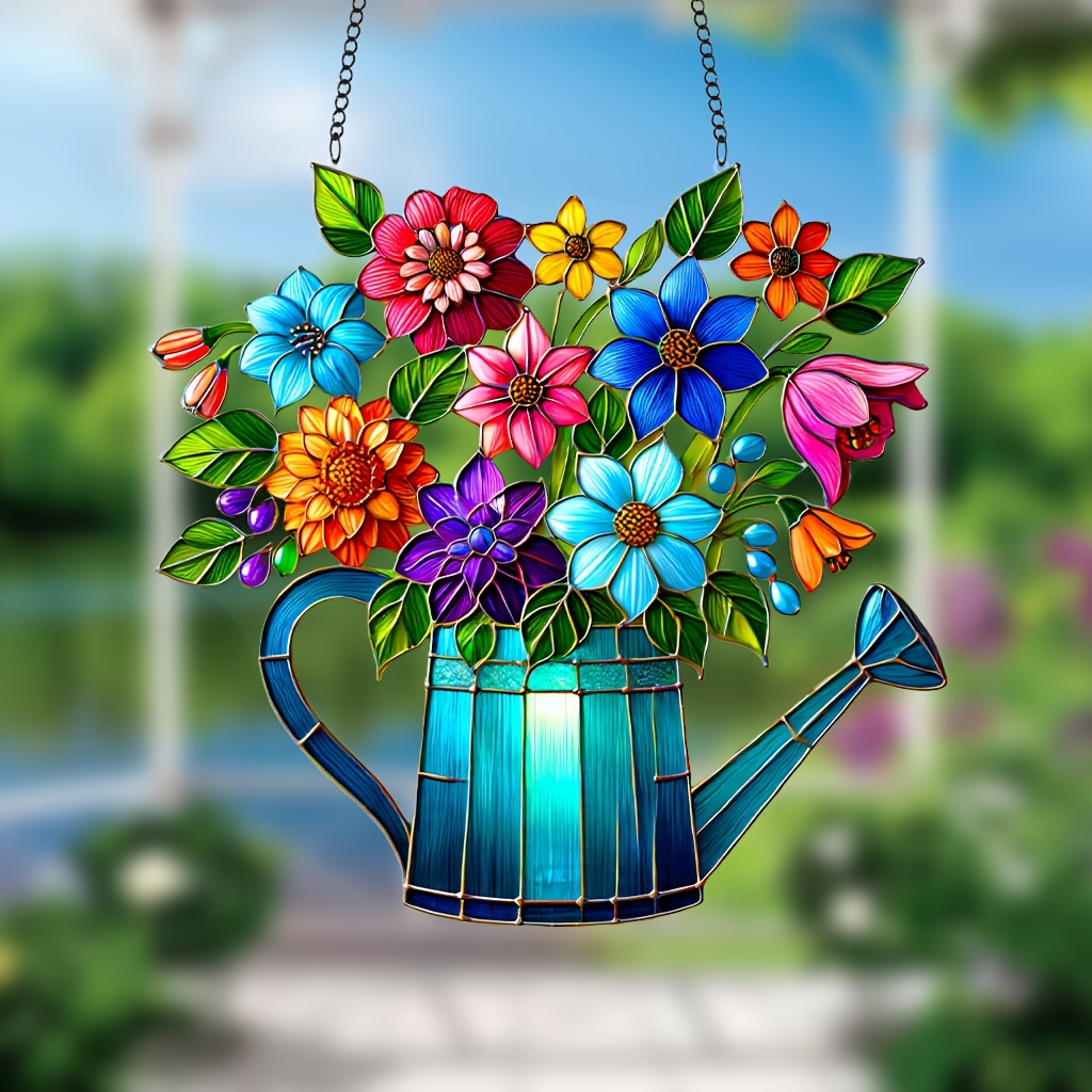 

1pc Vibrant Acrylic Flowers & Watering Can Suncatcher (8"x7.5") - Stained Glass-style Hanging Decor For Home, Garden, Kitchen, Office - Ideal Housewarming Gift