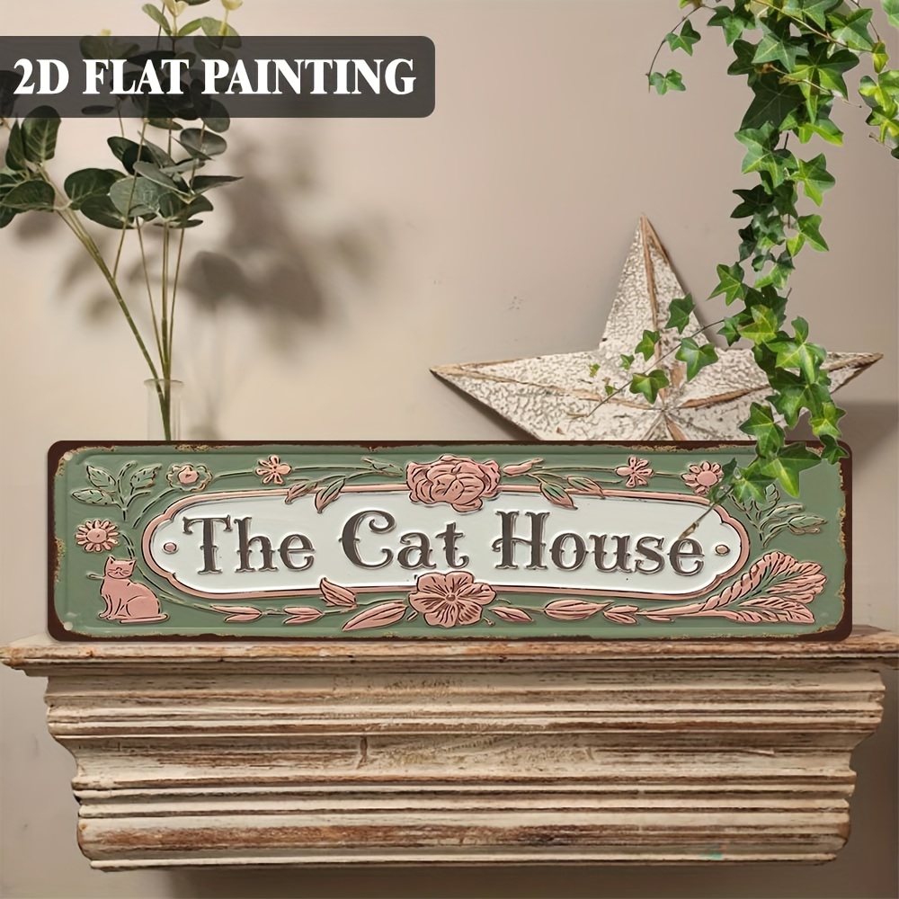 TEMU 2D Flach, 1 Stück Vintage "Das Katzenhaus" Metall Wandschild - Rustikale Farmhaus Katzenmotiv Dekorplakette mit & Rosa Rosen, 4x16 Zoll Eisen