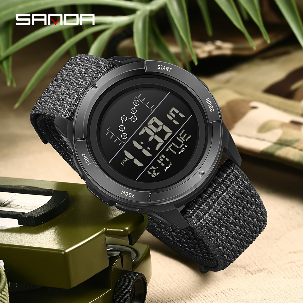 Image of Sanda Multi Functional Men's Sports Watch Pedometer Compass Metronome Alarm Waterproof Digital Display Nylon Silicone Strap Holiday Gift