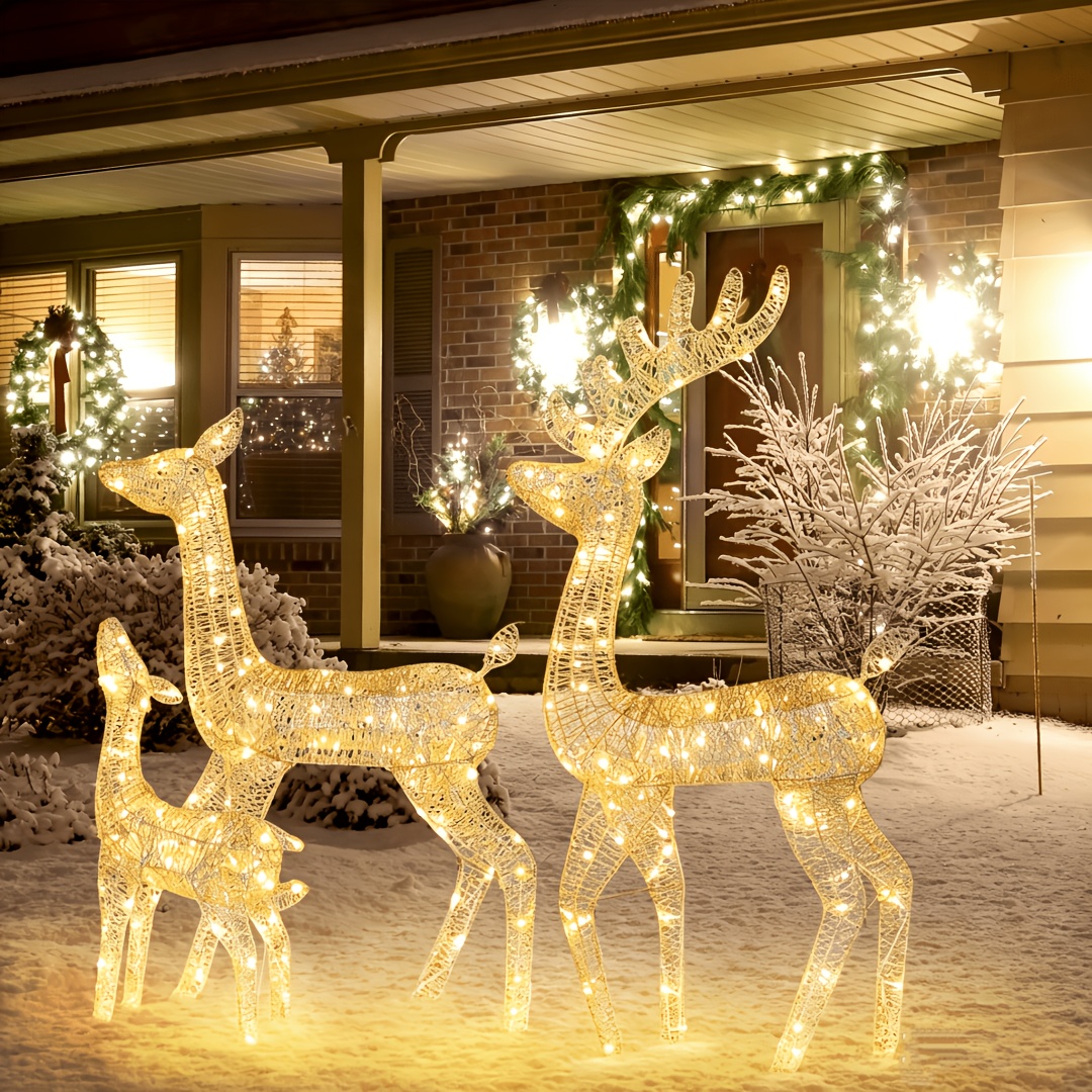 TEMU [] Diy Decorations On . A Christmas Essential. 3pcs Family Reindeer Set [54*38*109cm] Golden, , Thread, Glitter Powder