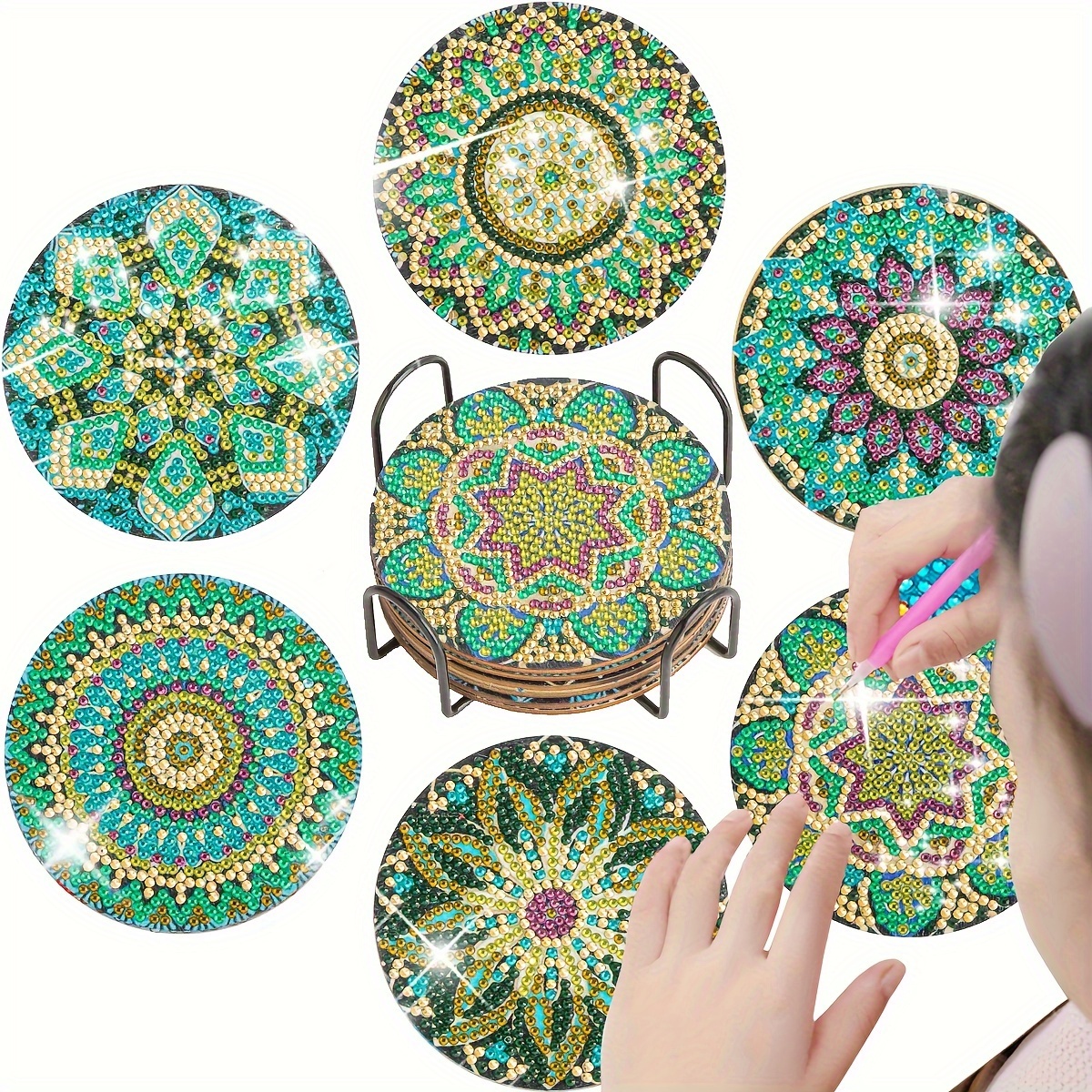 

6-pack Diamond Painting Coasters With Holder, Diy Theme Craft Kits, Round Diamond Art Cup Mats For Beginners, Assorted Mandala Patterns, Wooden Craft Supplies