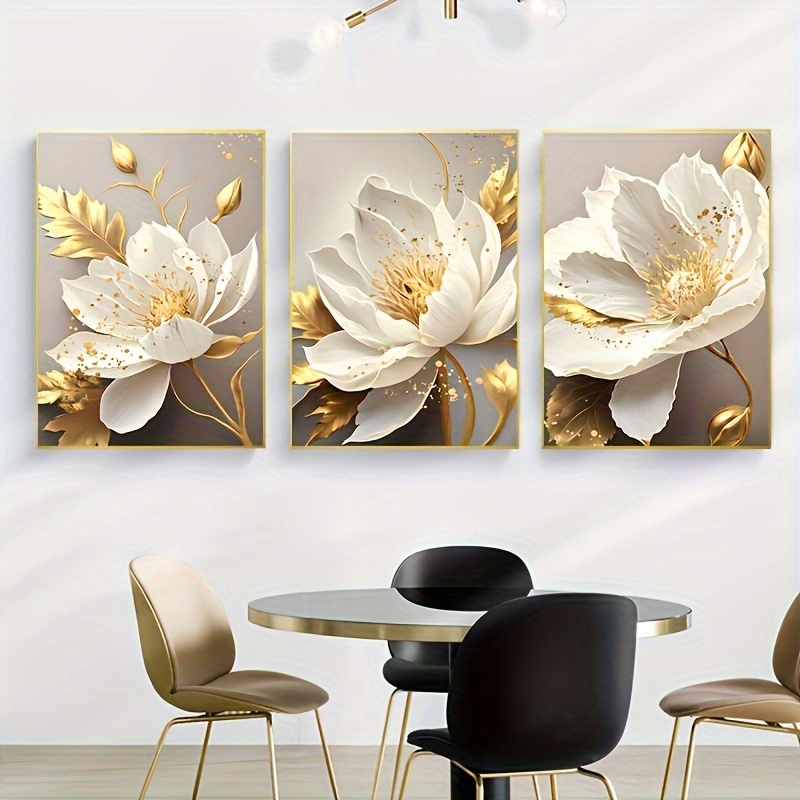 

3pcs Art Deco Golden Plant Flower Canvas Poster Set - Frameless Wall Decor For Living Room, Kitchen, Home Office, Bathroom, Classroom - Modern Classic Floral Landscape Art Print Painting