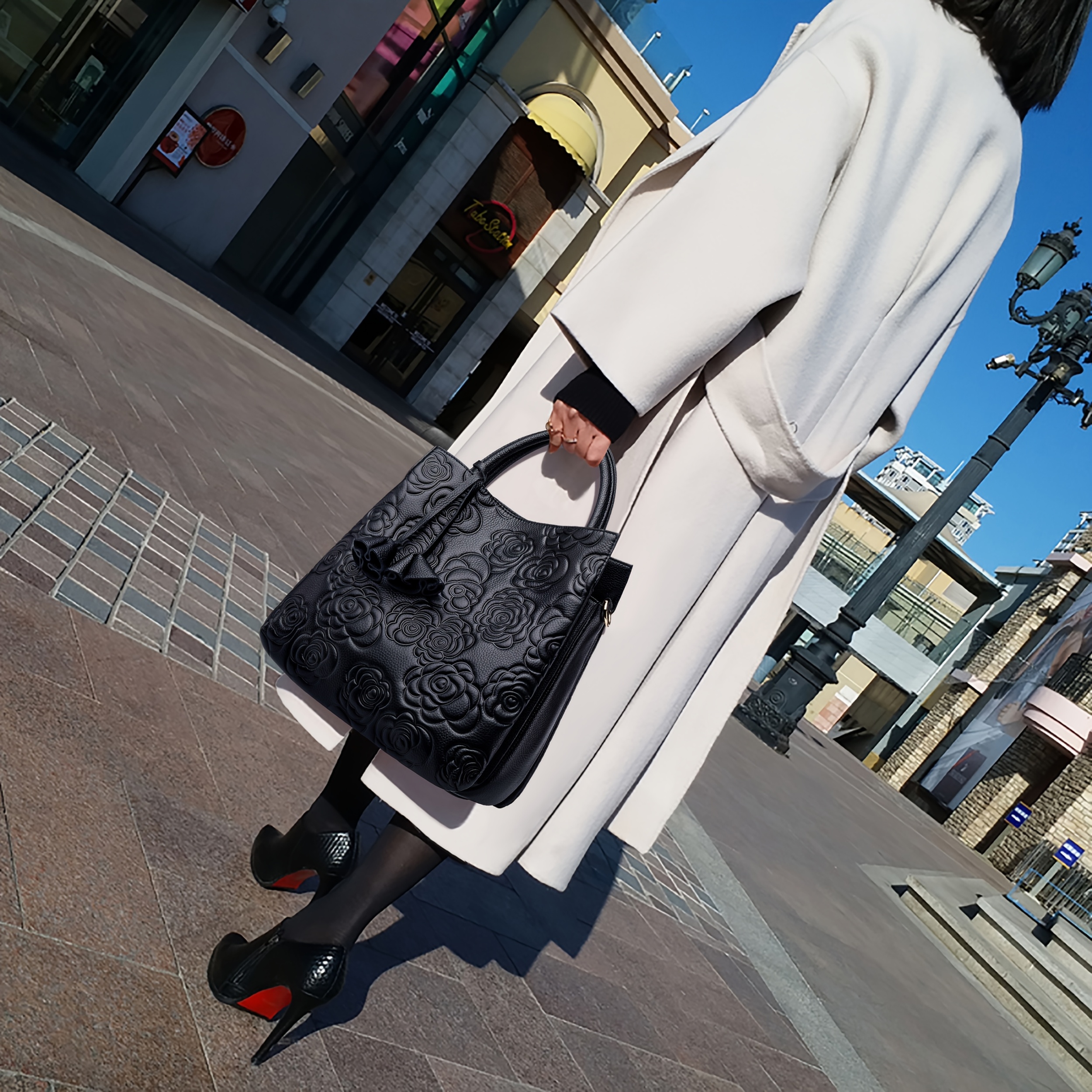 E-shop Echte Leder Handtasche für Damen, Große Arbeitstasche mit Mehreren Fächern, Blumenmuster Leichter Luxus Eleganter Vintage Große Kapazität