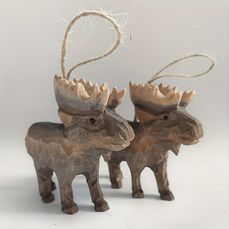 

Hand-carved Wooden Moose Figurine Ornaments - , Animal Theme Wood Carvings, Christmas & Decor, Ideal For Holiday Gifting - Fits Thanksgiving, Valentine's Day, & Father's Day - Hanging Decoration Set