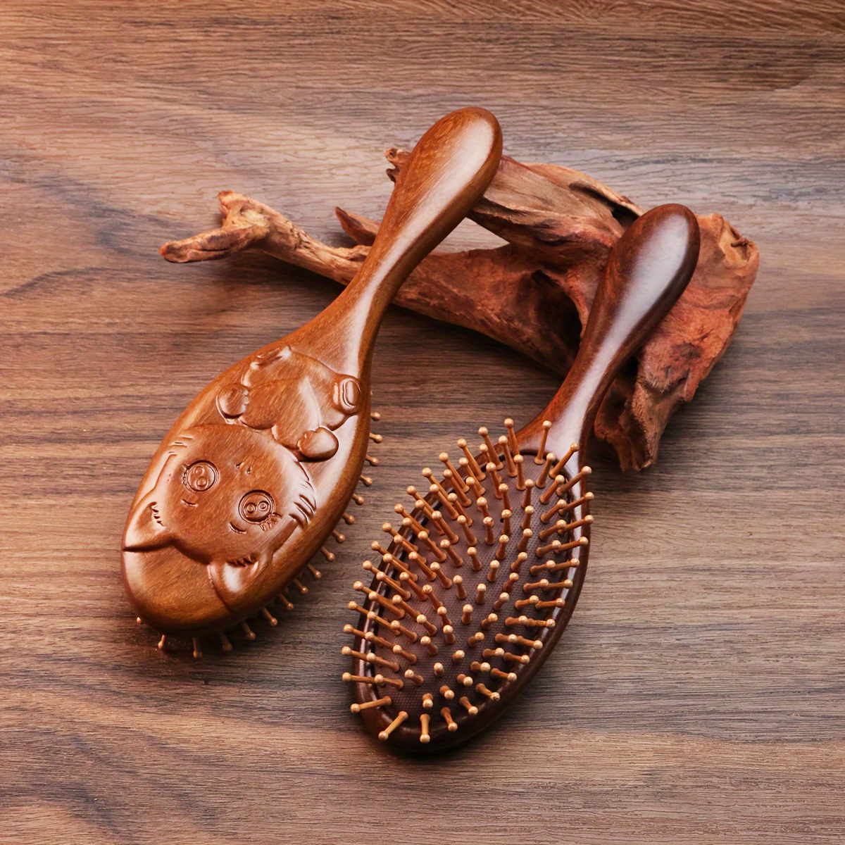 

Handcrafted Sandalwood Carved Air Cushion Comb With Bamboo Teeth, Oval Silicone Scalp Massage Brush For All Hair Types, Wooden Hair Styling Brush For Normal Hair Texture