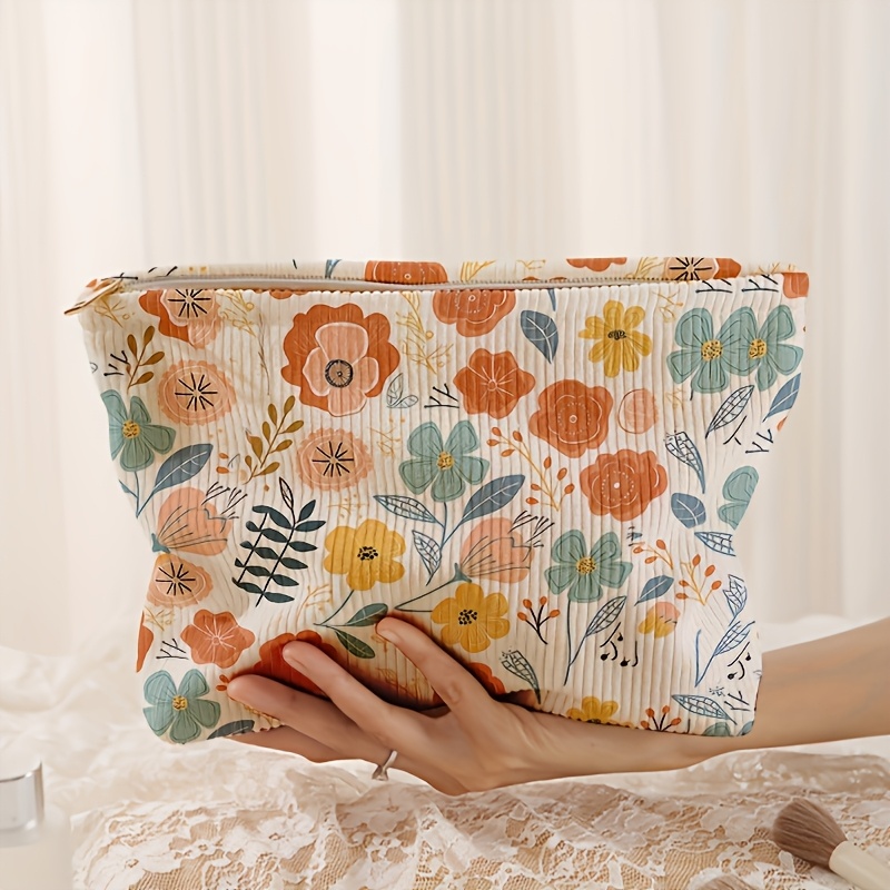 TEMU Colorful Floral And Leaf Patterned Corduroy Makeup Bag - A Lightweight Zippered Pouch For Organizing Cosmetics, Suitable For Men's And Women's