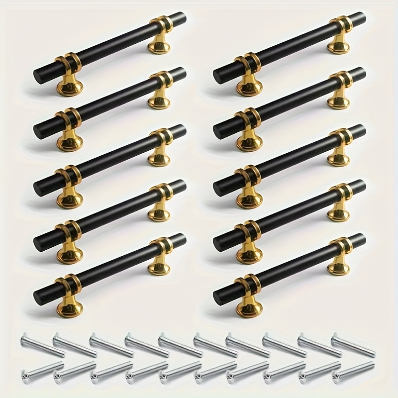 Image of 10pcs Elegant Black & Golden Stainless Steel Cabinet Handles - Polished Finish, Durable Metal Construction, 96mm/128mm/160mm Sizes For Drawers, Wardrobes, Cabinets - Decor, Handles For Cabinets, Sleek