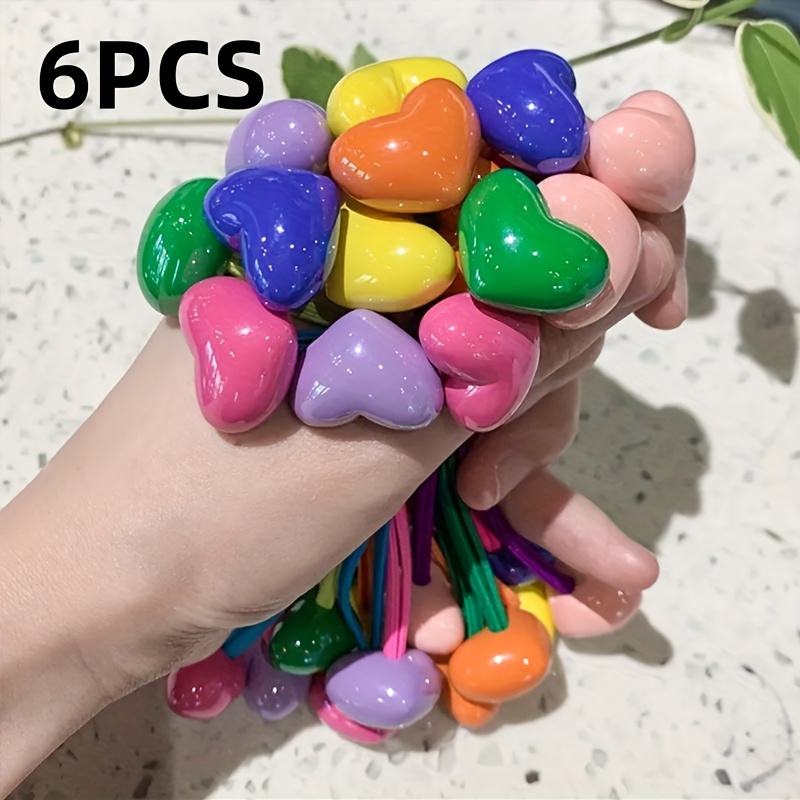 

6pcs Acrylic Heart Hair Ties Set, Cute Beaded Elastic Ponytail Holders, Solid Color Hair Ropes For Teens And Adults - Assorted Candy-colored Hair Accessories