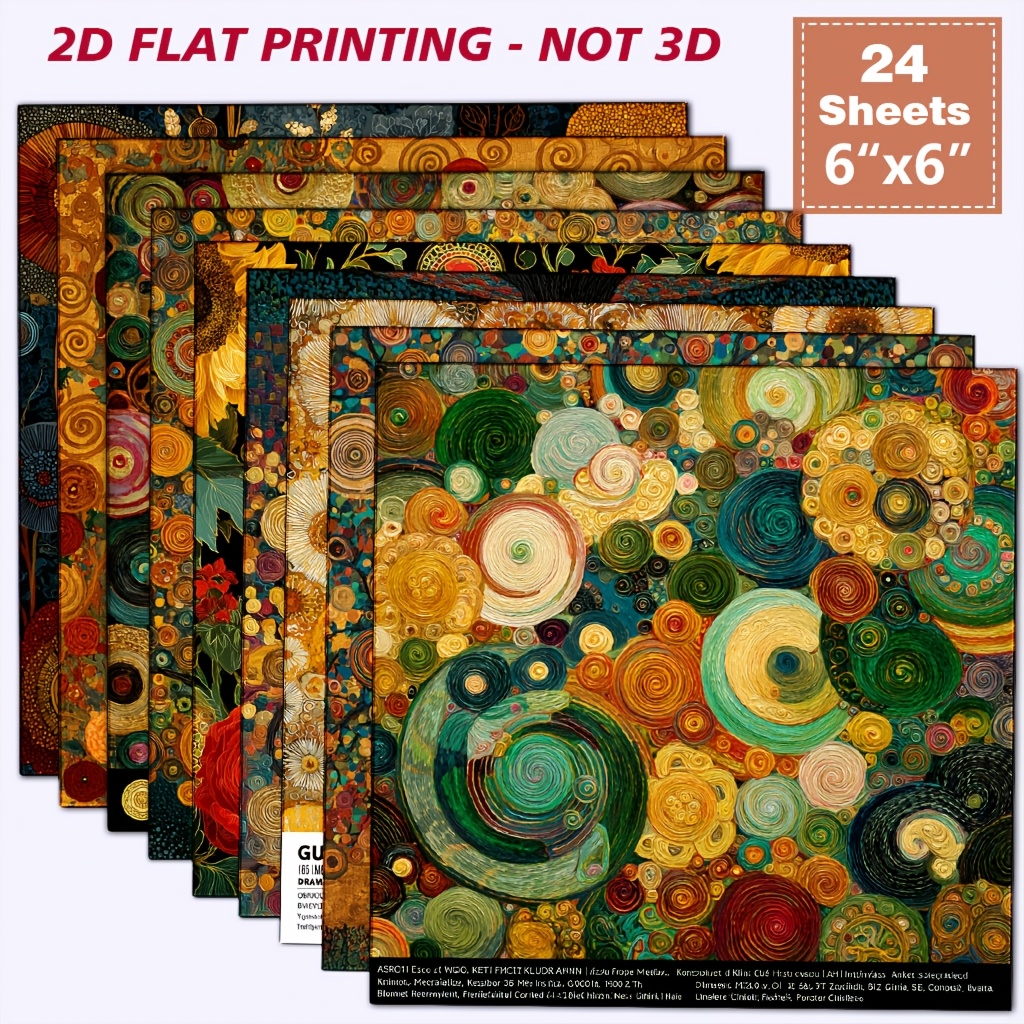TEMU 2d Flat 24 Sheets Unique 6x6 Inch Klimt Printed Scrapbook Paper Swirl Floral Pattern Junk Journal Paper Art Themed Collage Background Paper For