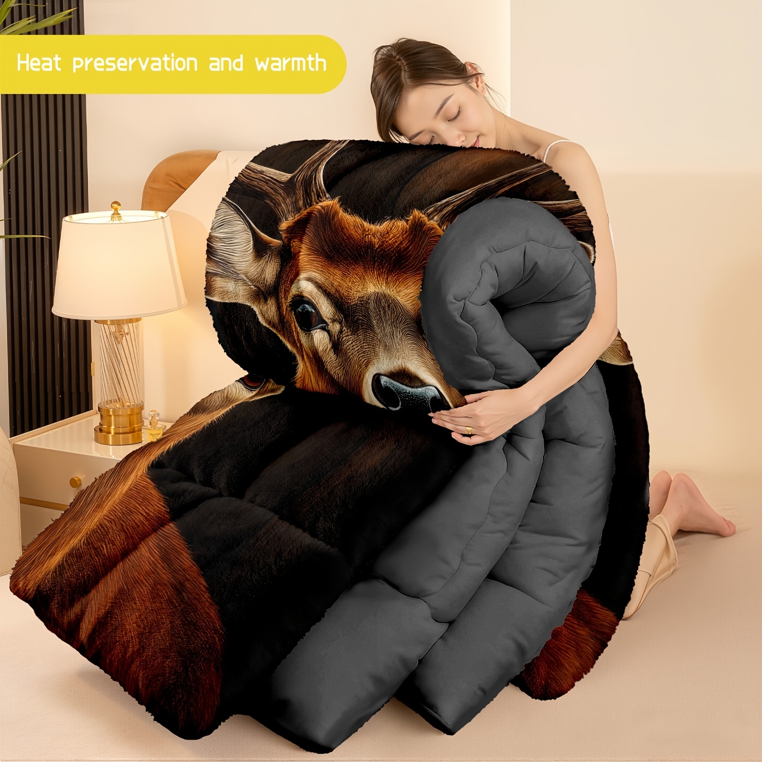 TEMU 3pcs Set (1 Comforter + 2 Pillow Covers) Featuring A Deer Design, Made From Flannel And Milk Velvet. And Warm Bedding Collection Is Perfect For
