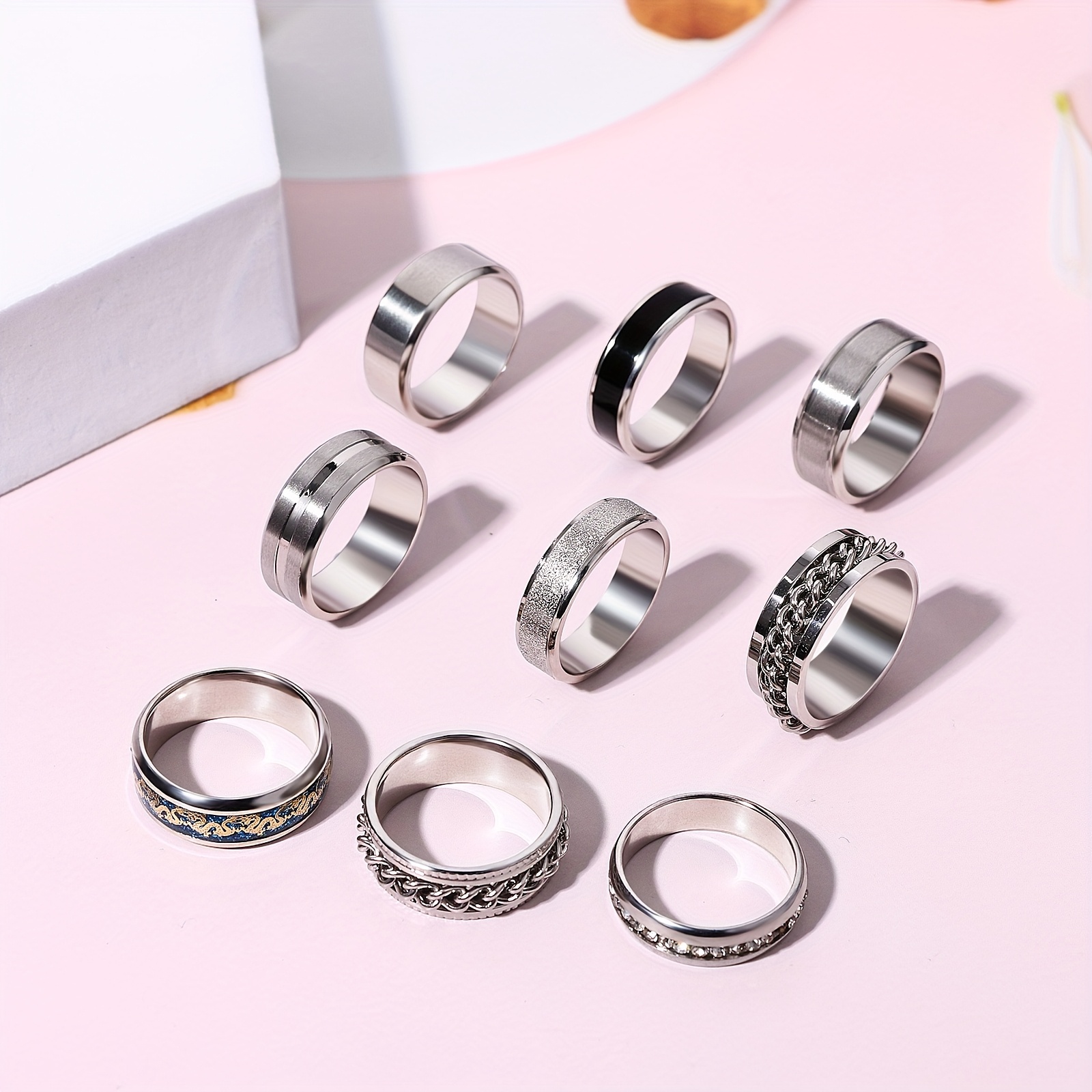 mens stainless steel fidget spinner rings cool rotating ring set black omnidirectional stainless steel anxiety rings set of 9 Product details 4
