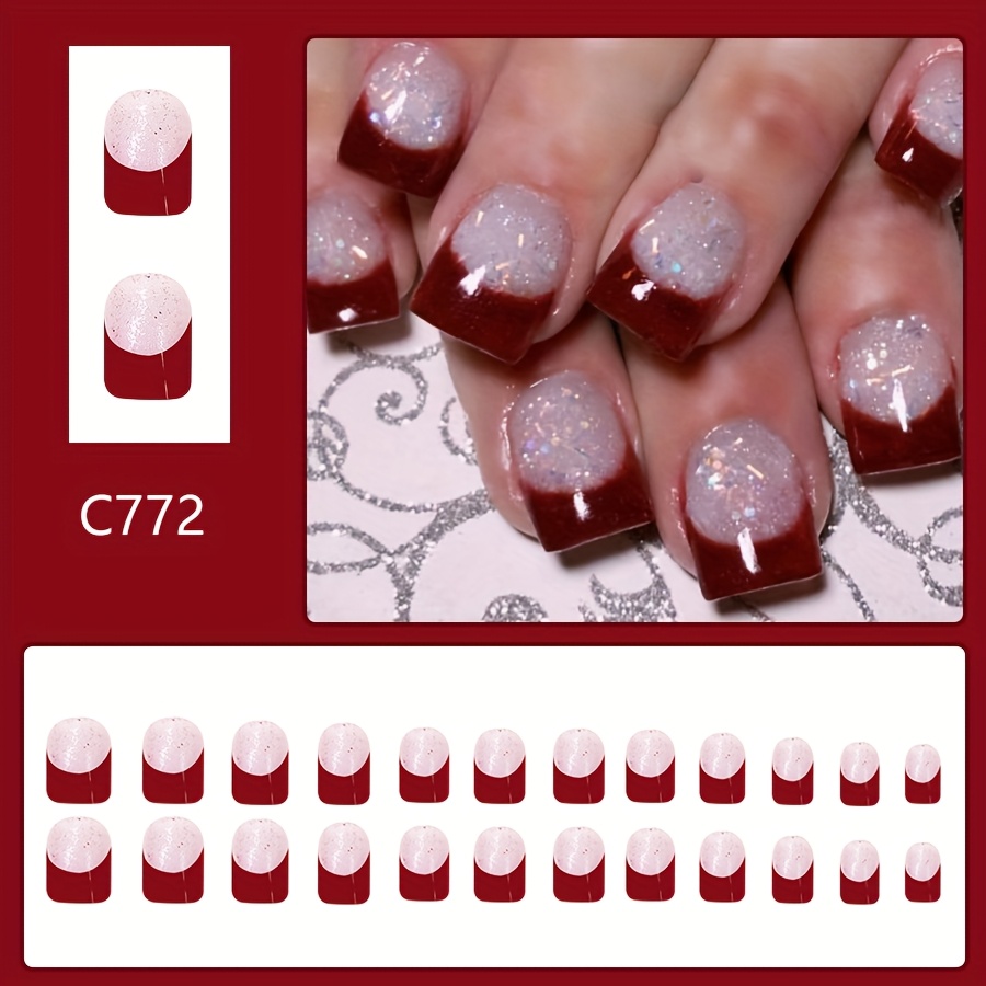 TEMU 24 Unghie Finte Corte Lucide Quadrate a Pressione a , Unghie Versatili French con Glitter, Adatte per Donne e Uso , Appuntamenti, Feste, e