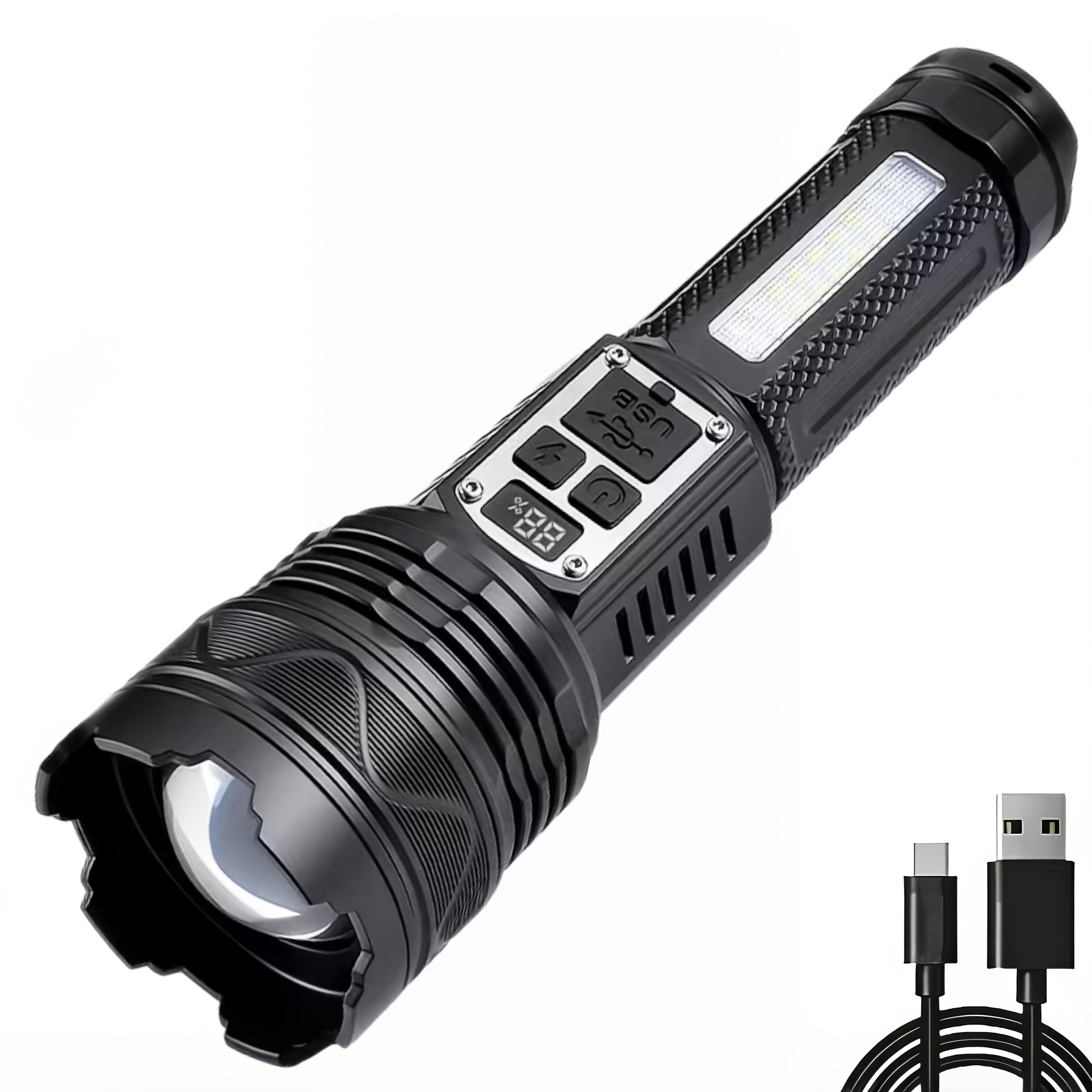 TEMU This , Rechargeable, High-lumen Flashlight Features 5 Adjustable Lighting , An Led Digital Display, And Powerful Handheld , Making It Ideal For