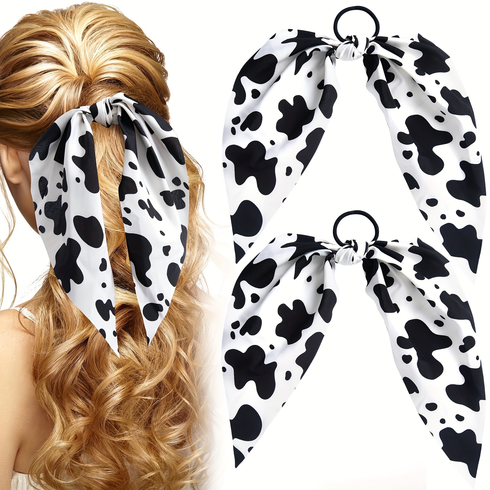 

2pcs Cow Print Bow Hair Ties For Women - Ponytail Holders, Non-slip Scrunchies With Cute & Bows - Curly, Straight, Thin To -