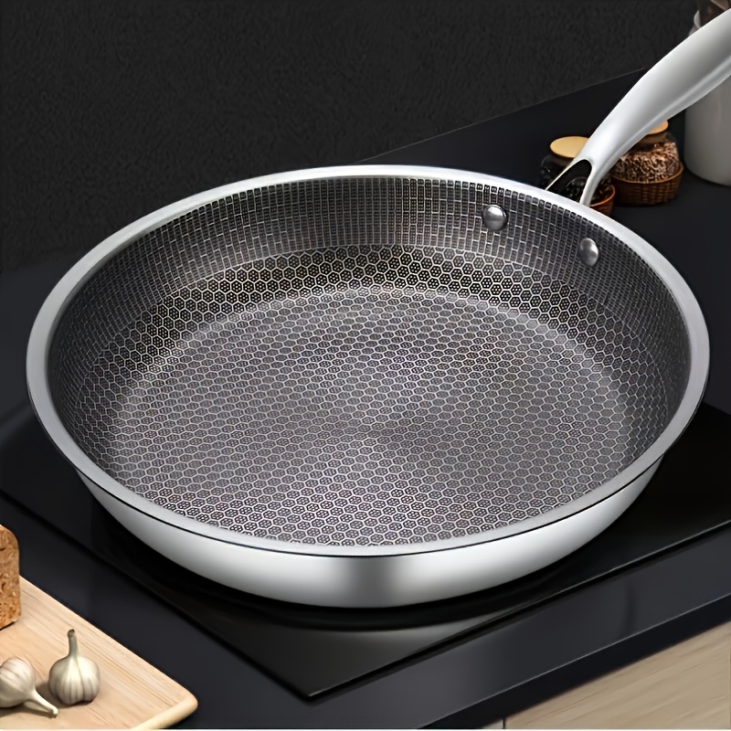 1pc Heavy-Duty 304 Stainless Steel Wok & Fry Pan - All-Burner Compatible (Gas, Electric, Induction),   Surface with Non-Slip Grip, Dishwasher Safe, Scratch-Resistant -   Heating for Searing, Frying, Baking - Ideal for Home & Professional Kitchens, Indoor/Outdoor Use - Compatible with All Stovetops (Gas, Electric, Induction) -   Steak, Fish, Pasta, Pizza, Eggs -   with Rounded Edges & Hanging Hole - Durable & Easy-Clean Construction