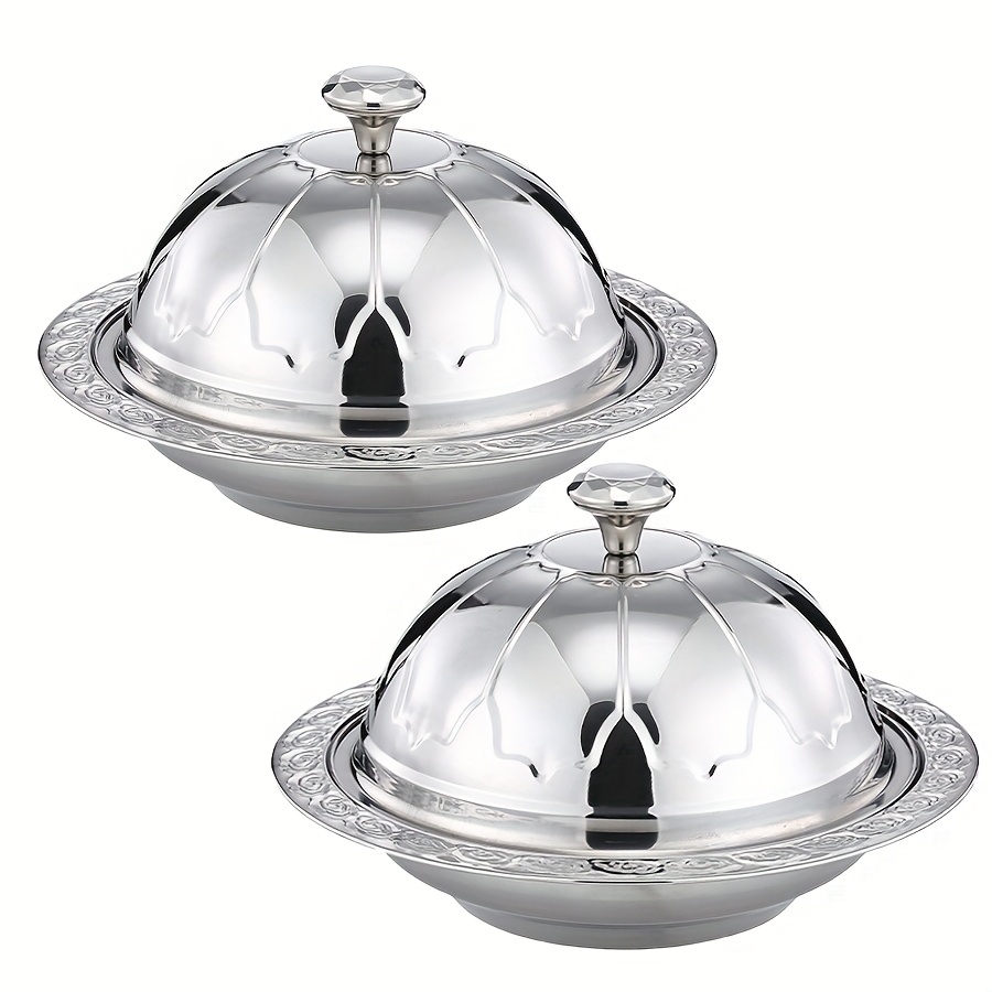 TEMU Of 2 Silver Stainless Steel Steak Platters With Covers - Stylish Dining Ware For Western Restaurants, Events Like Valentine's Day And Halloween,