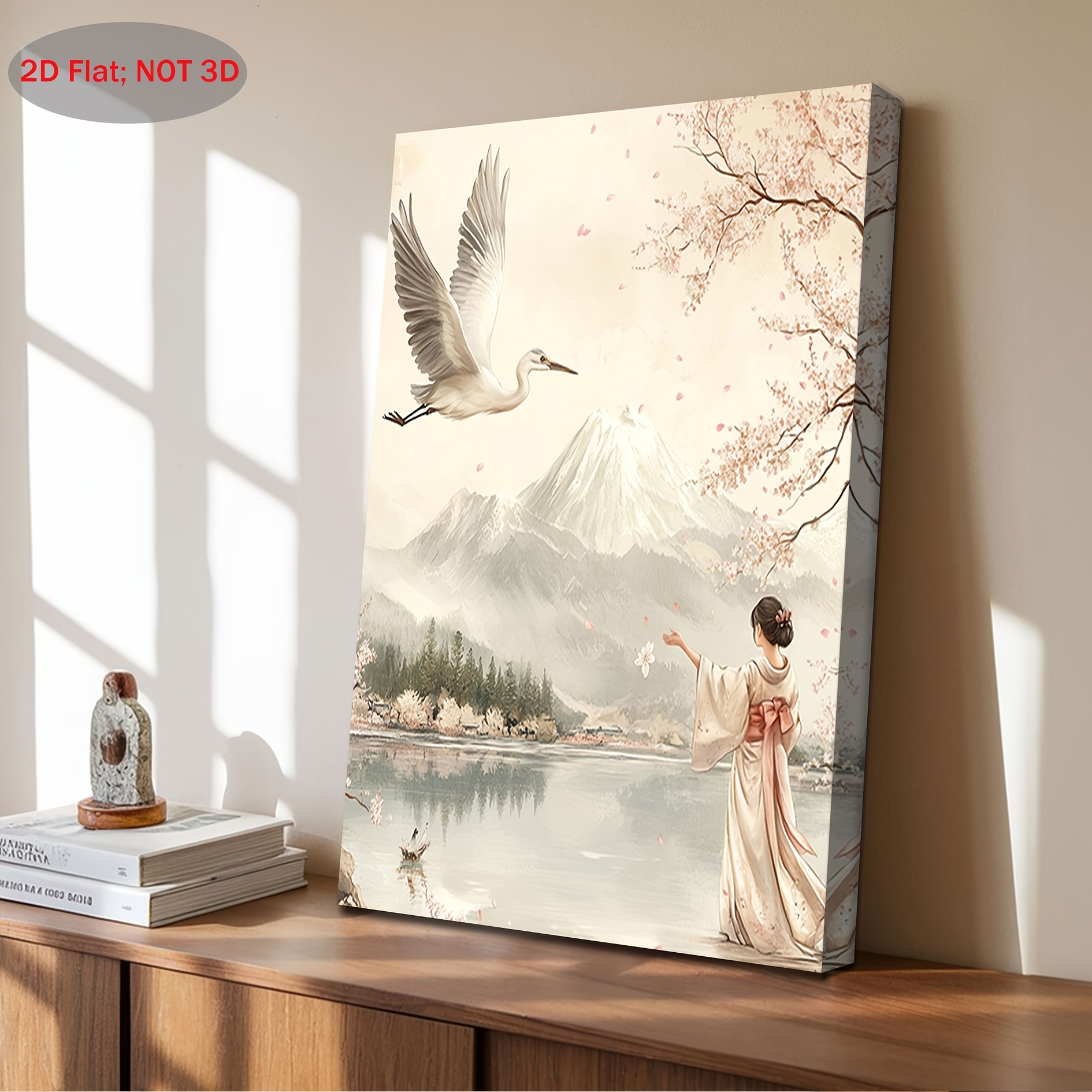 2D Flat, 1pc Japanese Wall Art Painting - Elegant Geisha, Crane &   Landscape with Cherry   - Traditional Japanese Decor - Ready-to-Hang Canvas Print -   Living Room, Bedroom, Bathroom, Kitchen - Housewarming or Wedding Gift - 11.8x15.7 Inches (30x40cm), Japanese Home Decor, Bedroom Artwork, Detailed  , Wooden Frame, Geisha Painting, Japan Enthusiasts