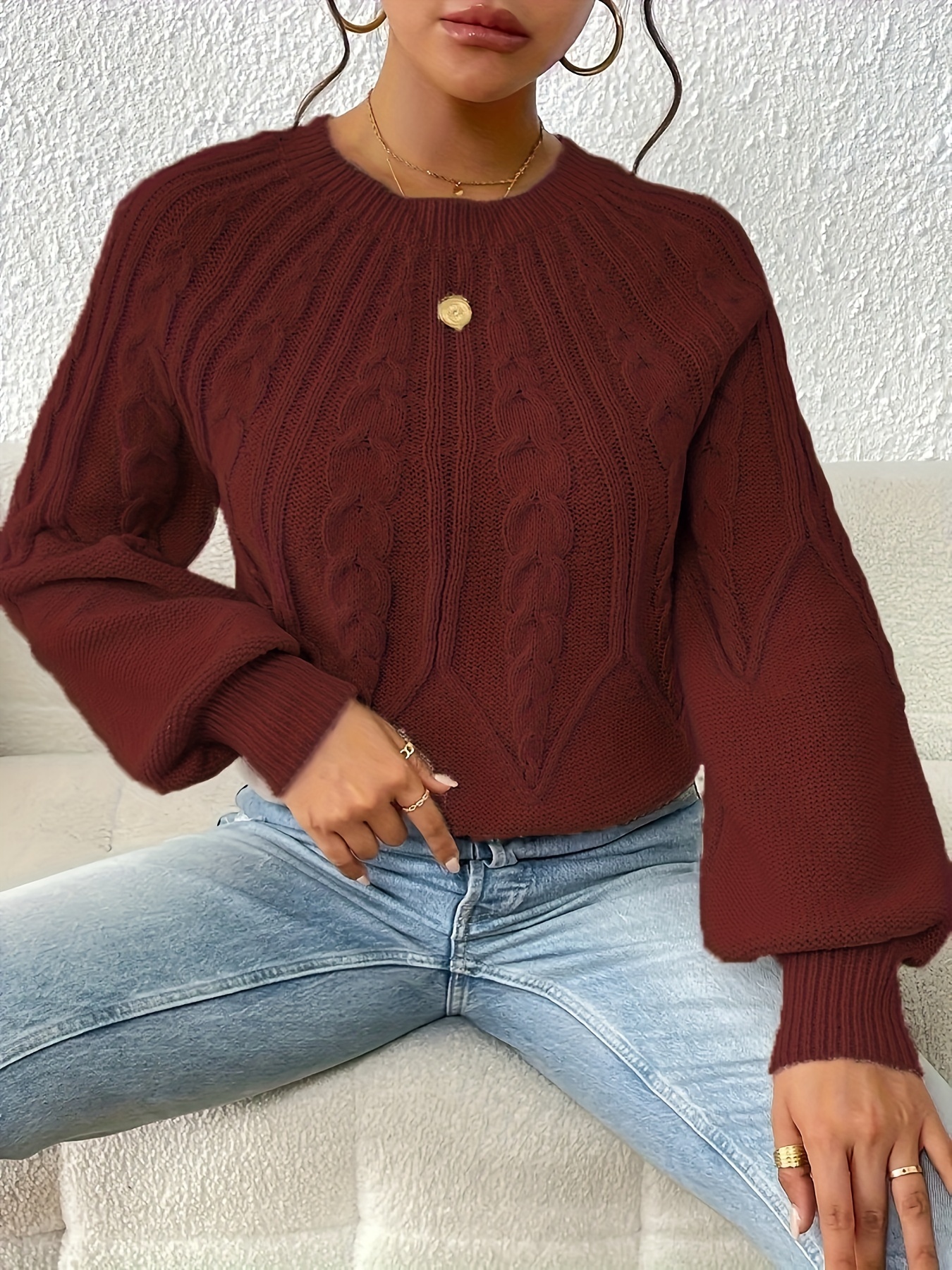 cable knit crew neck sweater elegant lantern sleeve knitted top for   womens clothing details 12