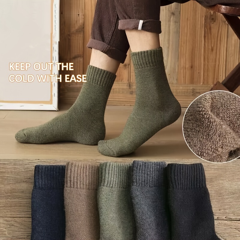 

4 Pairs Of Men's Cozy Fleece-lined Warm Socks - Ribbed Cuff, Solid Color (green, Brown, , Light Gray), Cold In Autumn And Winter