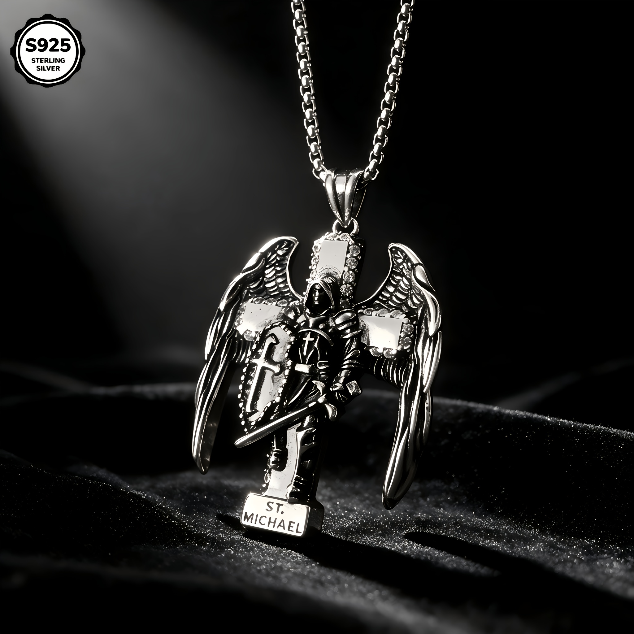 Image of 925 Silvery Men's Saint Michael Cross Necklace, Religious Pendant, For Birthdays Anniversaries Christmas Parties Valentine's Day All Gifting Occasions