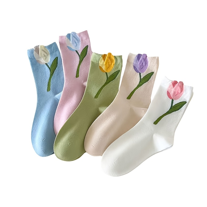 5-pair Women's Spring/summer Mid-calf Socks, Three-dimensional Floral Slouch Socks, Versatile Flower Socks