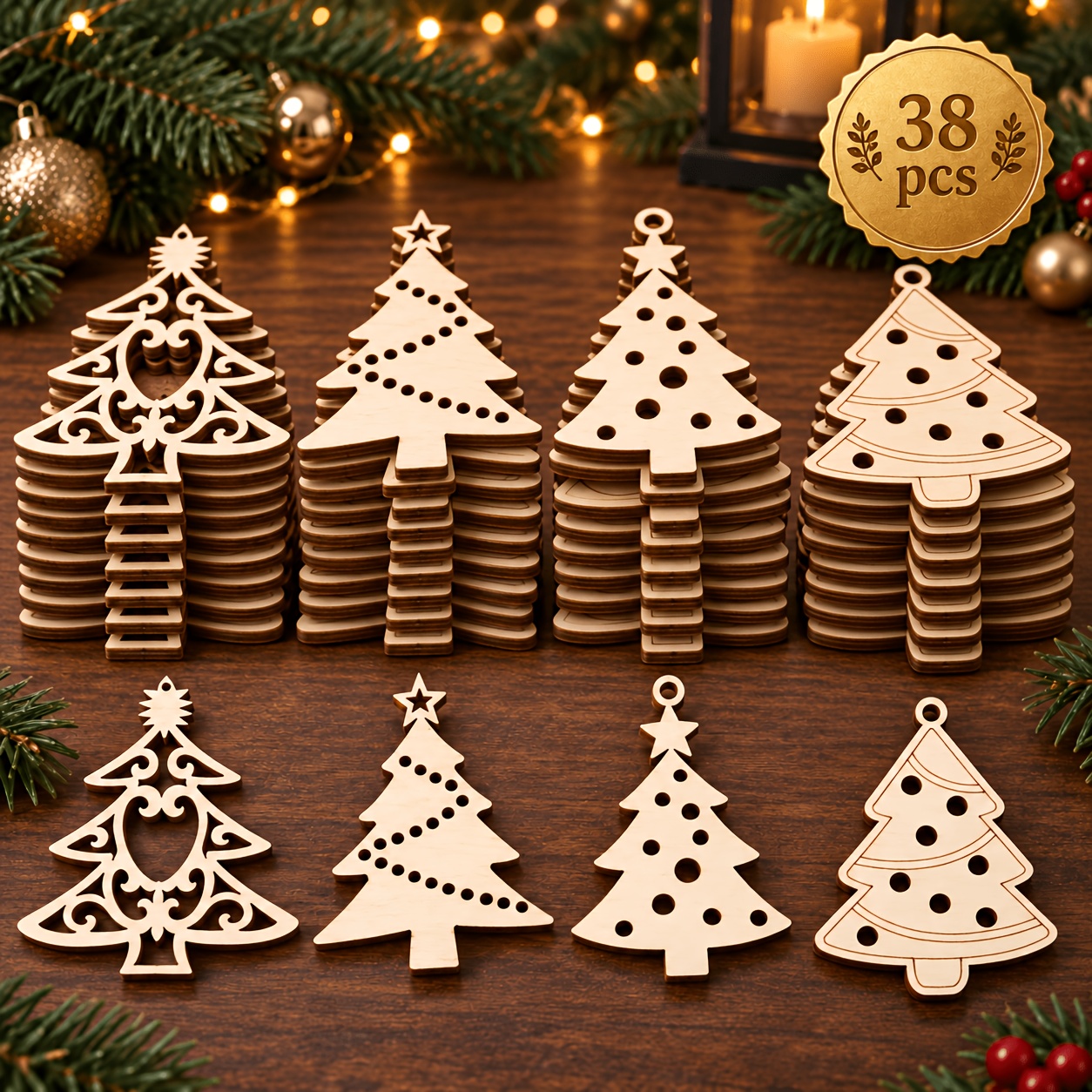 TEMU 38-delige Houten Kerstboom Vormige Gemengde Decoraties Schilderen Graffiti Huisdecoratie Verjaardagsfeest Bruiloft Houten Ornamenten En Hangers