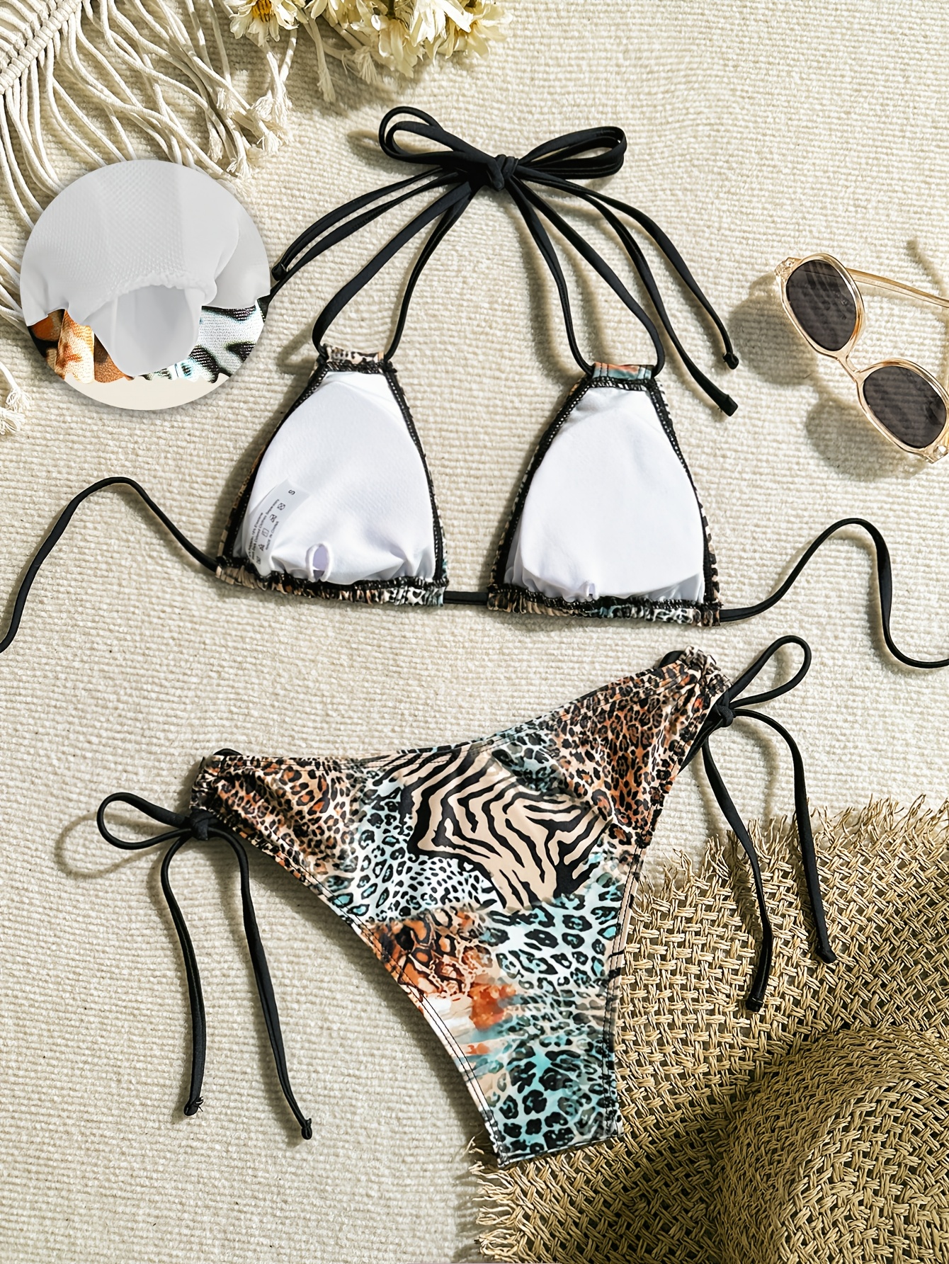 [2pcs Leopard Print Sexy Bikini] 2pcs Leopard Print Sexy Halter Neck Bikini Set, High Elasticity Polyester Knit Fabric, Side Tie Bottom Swimsuit for Women, No Sleeve Swimwear