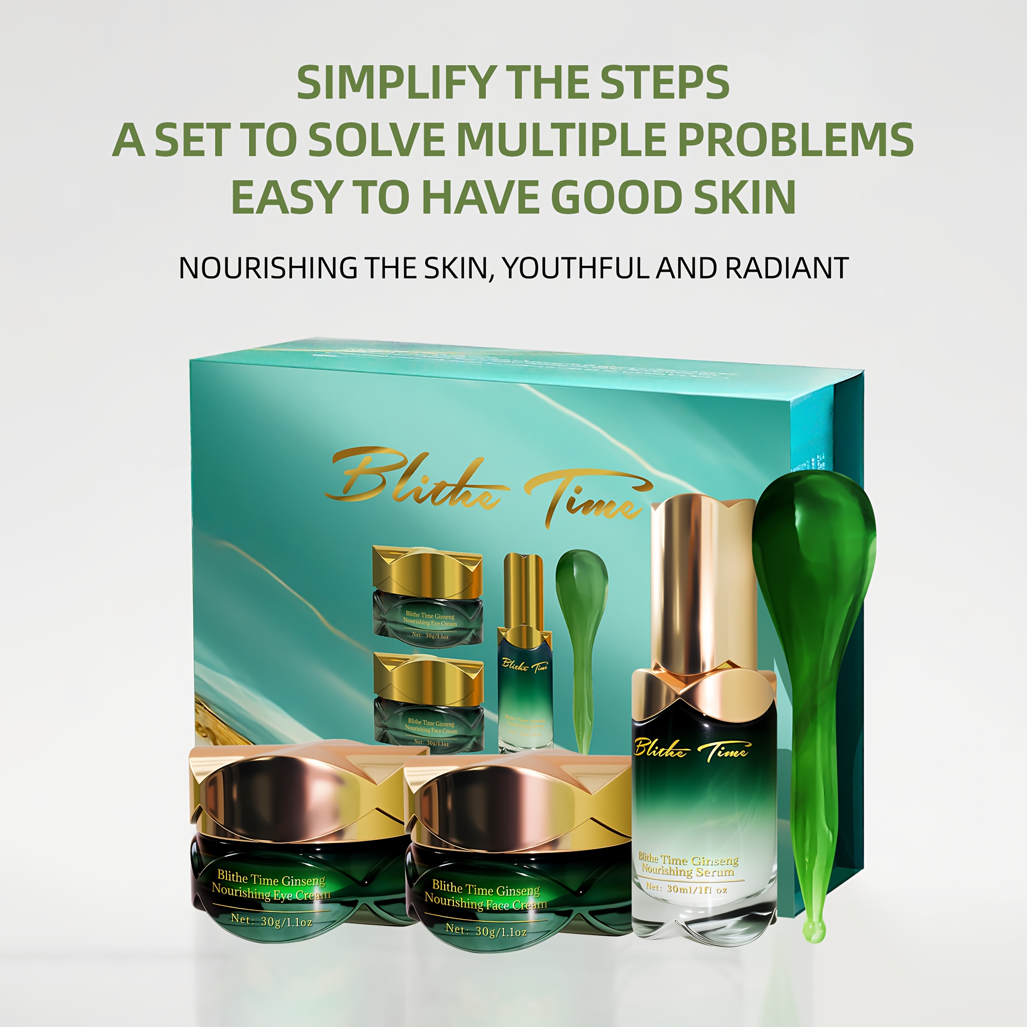 Blithe Time GINSENG HRANJIVI SET OD 4 KOMADA, SADRŽI KREMU ZA LICE, KREMU ZA OČI, ULJE ZA LICE, ŠTAPIĆ ZA MASAŽU LICA, SADRŽI EKSTRAKT KORENJA GINSENGA I DRUGE BILJNE EKSTRAKTE, ZATEŽUJE SVJETLO BEŽ TON, SET ZA NJEGU KOŽE ZA ŽENE, ČINI SVJETLO BEŽ TON MLAĐIM