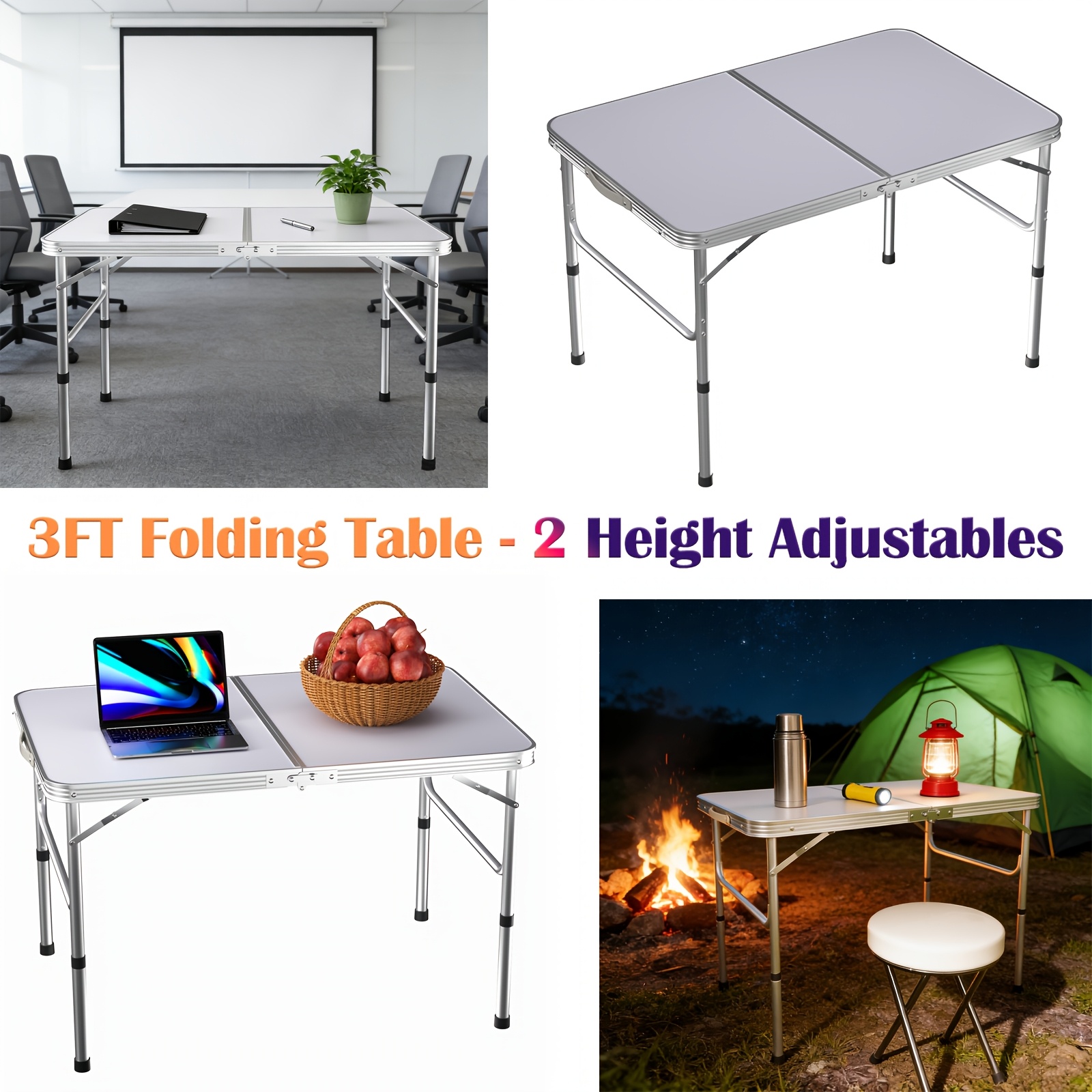 3ft Folding Table, 2 Height Adjustables 67/37cm, Aluminium Foldable Portable Camping Picnic Table For Outdoor Indoor Kitchen Garden , Compact Small Fold Up Computer Table