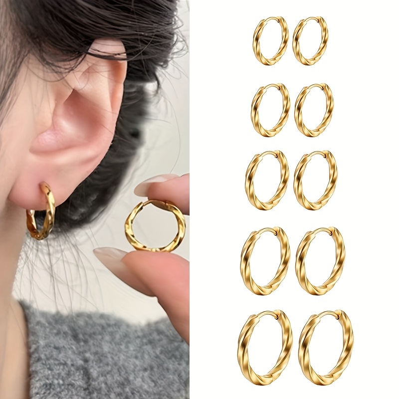 TEMU New Fashionable And Elegant Stainless Steel 10pcs Earring Set, High-end Geometric , Cable Twist, And Circle Wire Hook Earrings For Women, Square