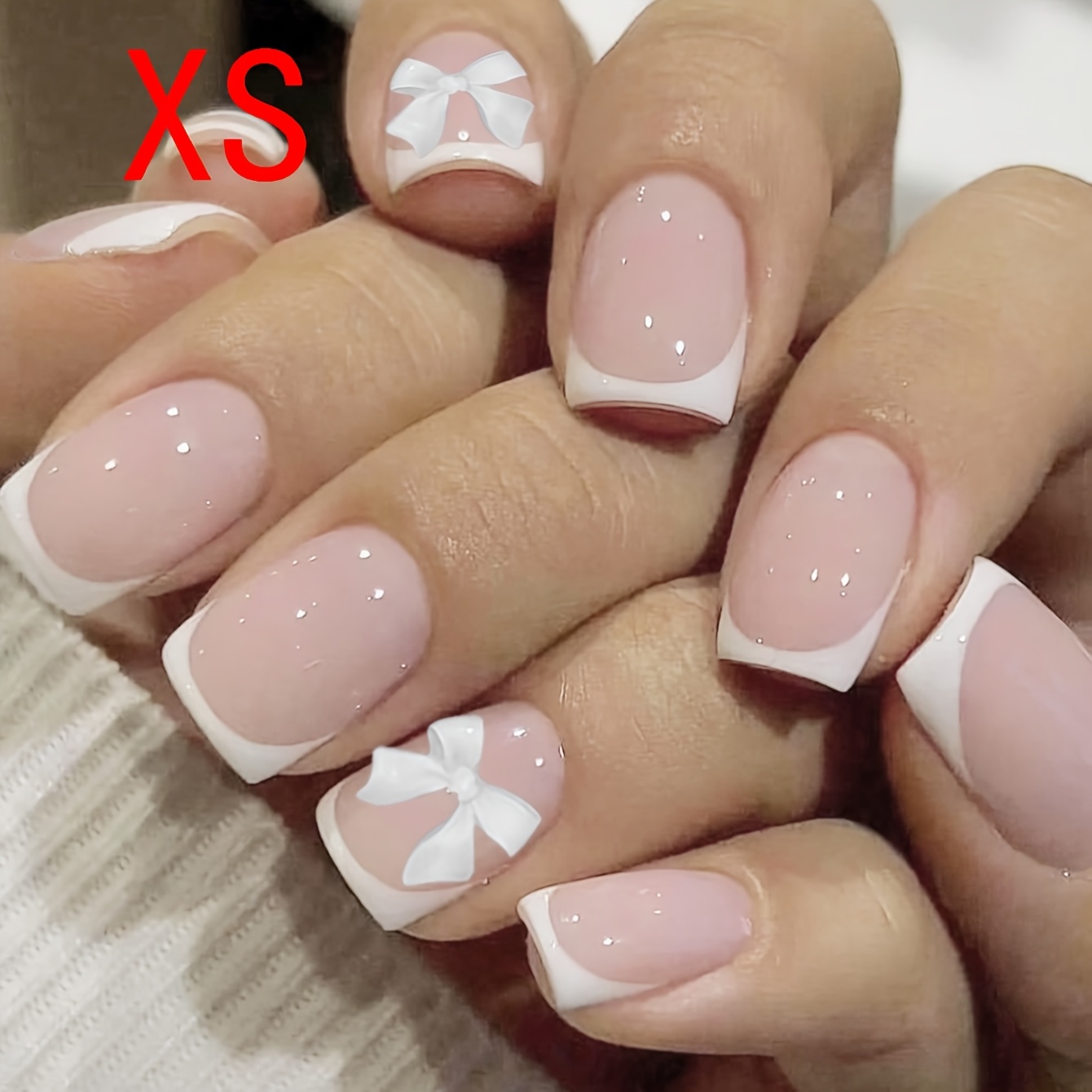 TEMU 10pcs Handmade Press On Nails French Tip Press On Nails Short Square White Bow With White French Edges Designs Nude Glue On Nails Press Ons