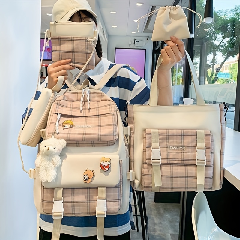 cute cartoon canvas five piece school bag large - Temu display picture 2