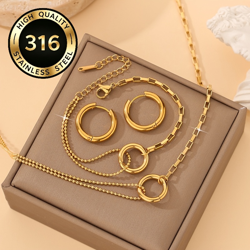 TEMU 4pcs Premium 316l Stainless Steel Double Chain Round Ring Necklace Stud Earrings And Bracelet Jewelry Set