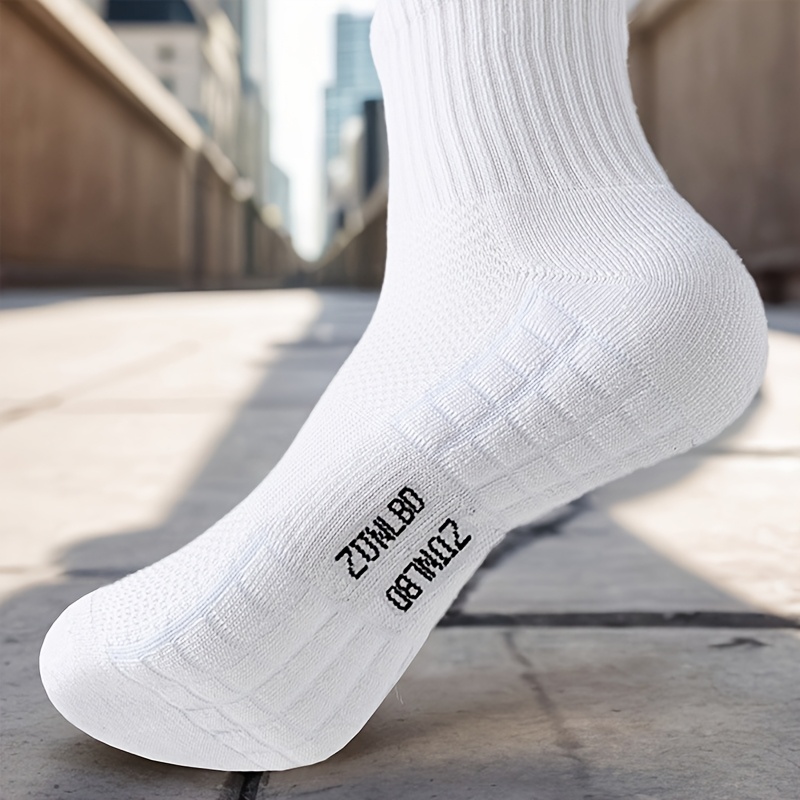 5 Pairs Men'S Mid-Calf Basketball Socks - Breathable Thick Towel Bottom, All-Season Moisture-Wicking Athletic Socks for Sports & Fitness, USA Sizes 6-9, White, Sports Socks, Sports Footwear, Sleek Sock Design, Durable Sock Material, Workout Essentials, Sporty Look, Moisturewicking Fabric, Active Lifestyle
