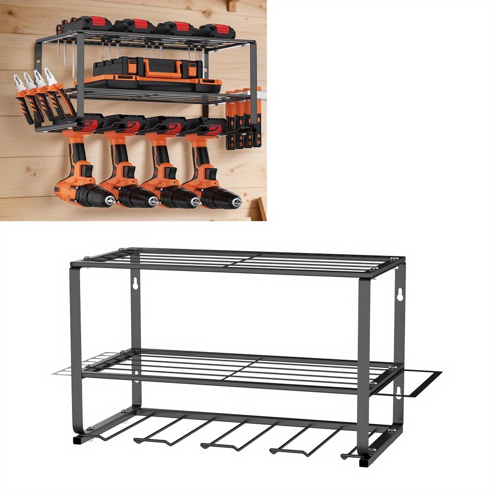 Image of Heavy-duty Metal Shelf For Organizing Power Tools, Featuring A Wall-mounted Station For Charging Up To 4 Drills, Ideal For Garage And Workshop Storage, Storage Racks