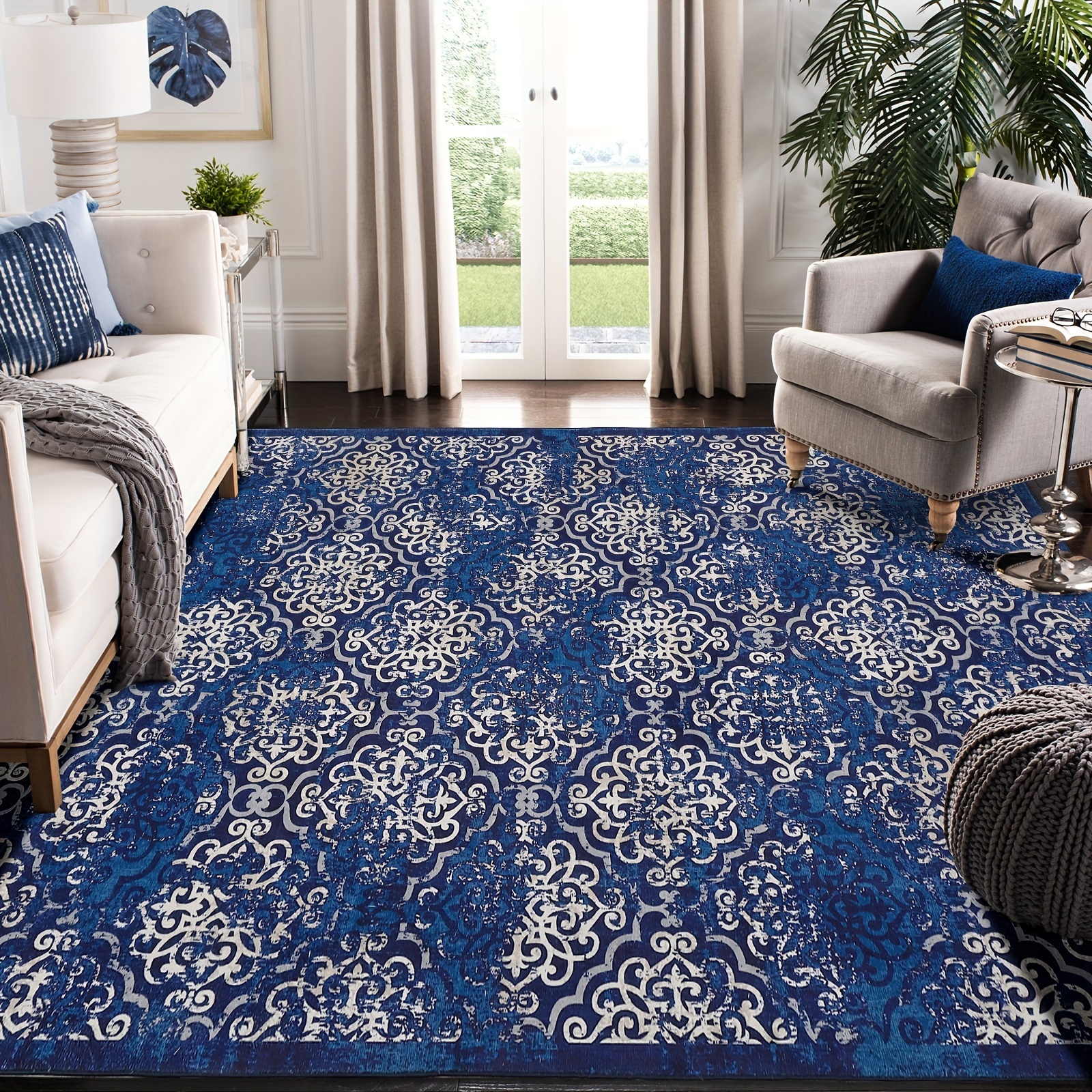 

1 Pc Washable Retro Vintage Patterned Carpets Low Pile Non-shedding Indoor Throw Rugs Anti-slip Backing Easy To Clean Soft Large Carpet For Bedroom Living Room Playroom Reception Room, Blue