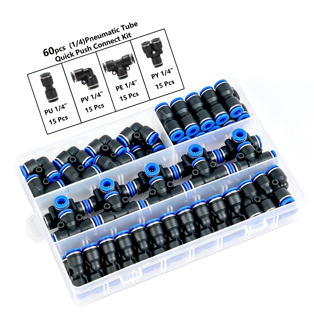 60pcs Quick Connect Pneumatic Fittings Kit, 1/4" Od - Durable Plastic Air Hose Connectors With Splitters, Elbows, Tees & Straight Adapters - For Diy Projects