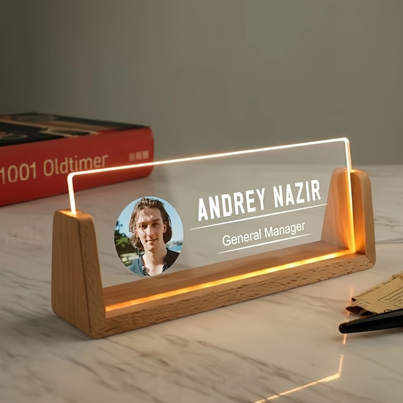 personalized wooden base acrylic desk nameplate   led lighted office desk sign customizable photo desktop decor usb powered low voltage 36  gift 0