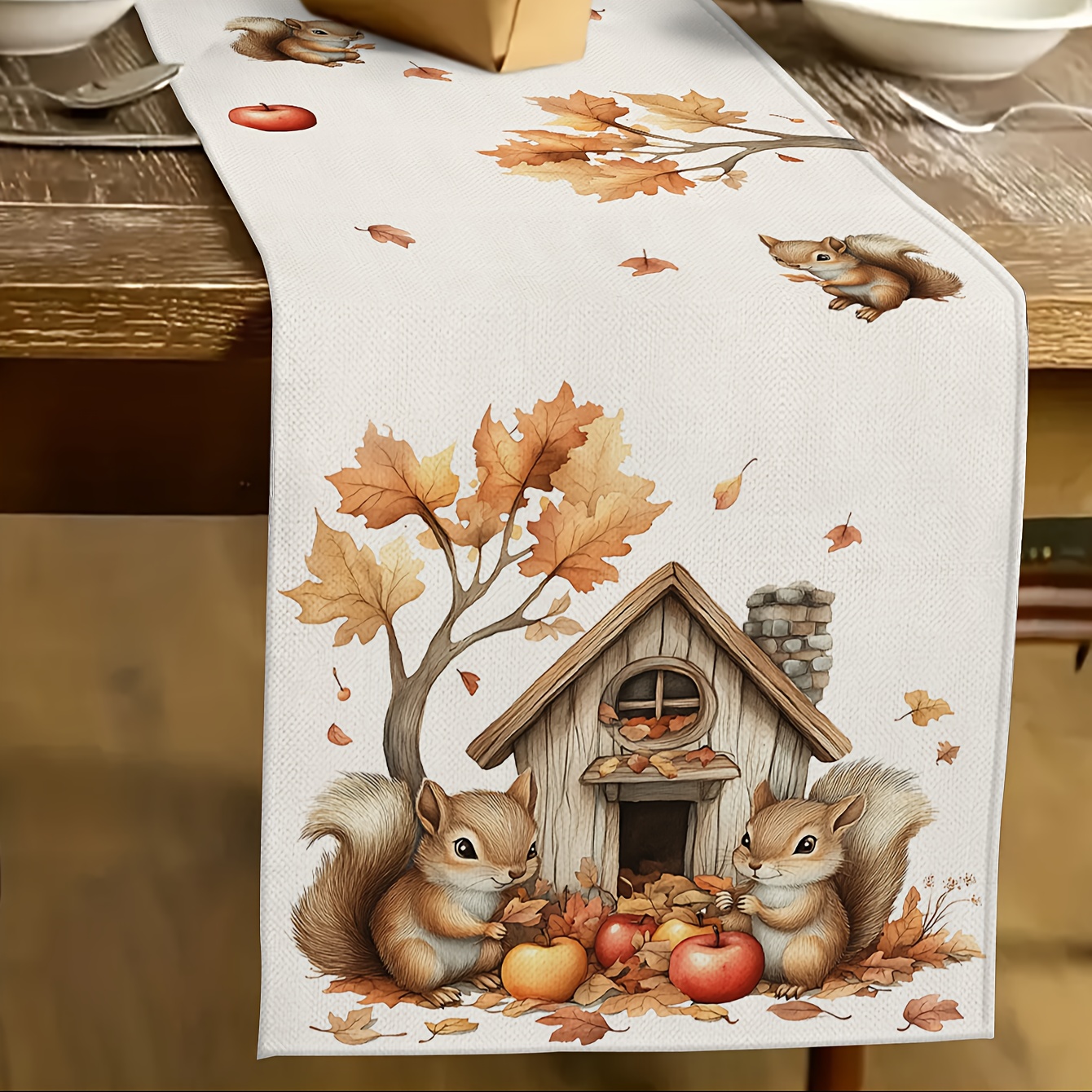 A Single Modern Autumn Table Runner Featuring Designs Of Squirrels, , And . Ideal For Use In Restaurants, Kitchens, Parties, And Home Decor. Perfect For Organizing Home Items And Festive Gatherings