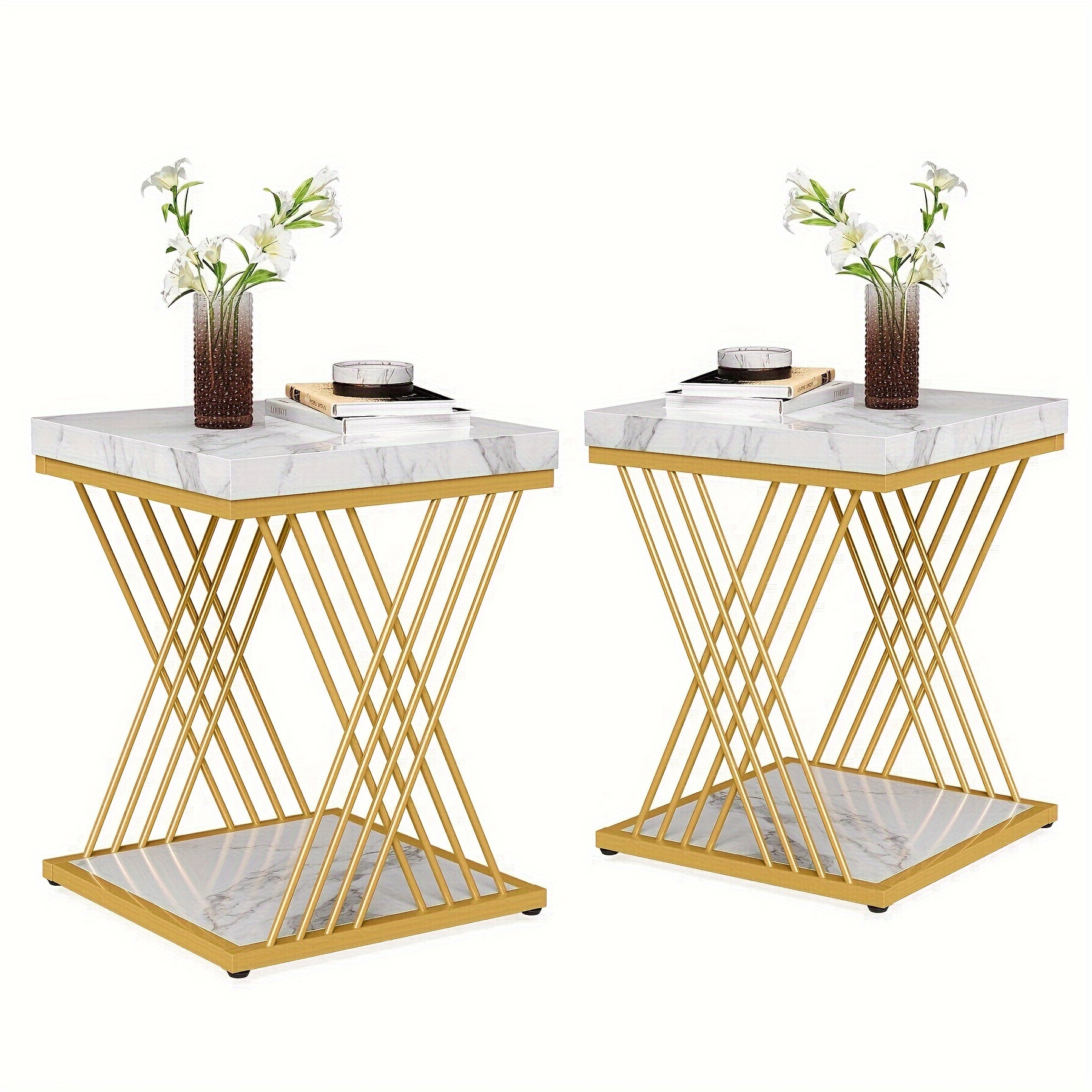 

Square End Table White Golden 2-tier Side Table Modern Small Bedside Table With Storage For Couch, Sofa Side Table With Stylish Metal Frame For Living Room