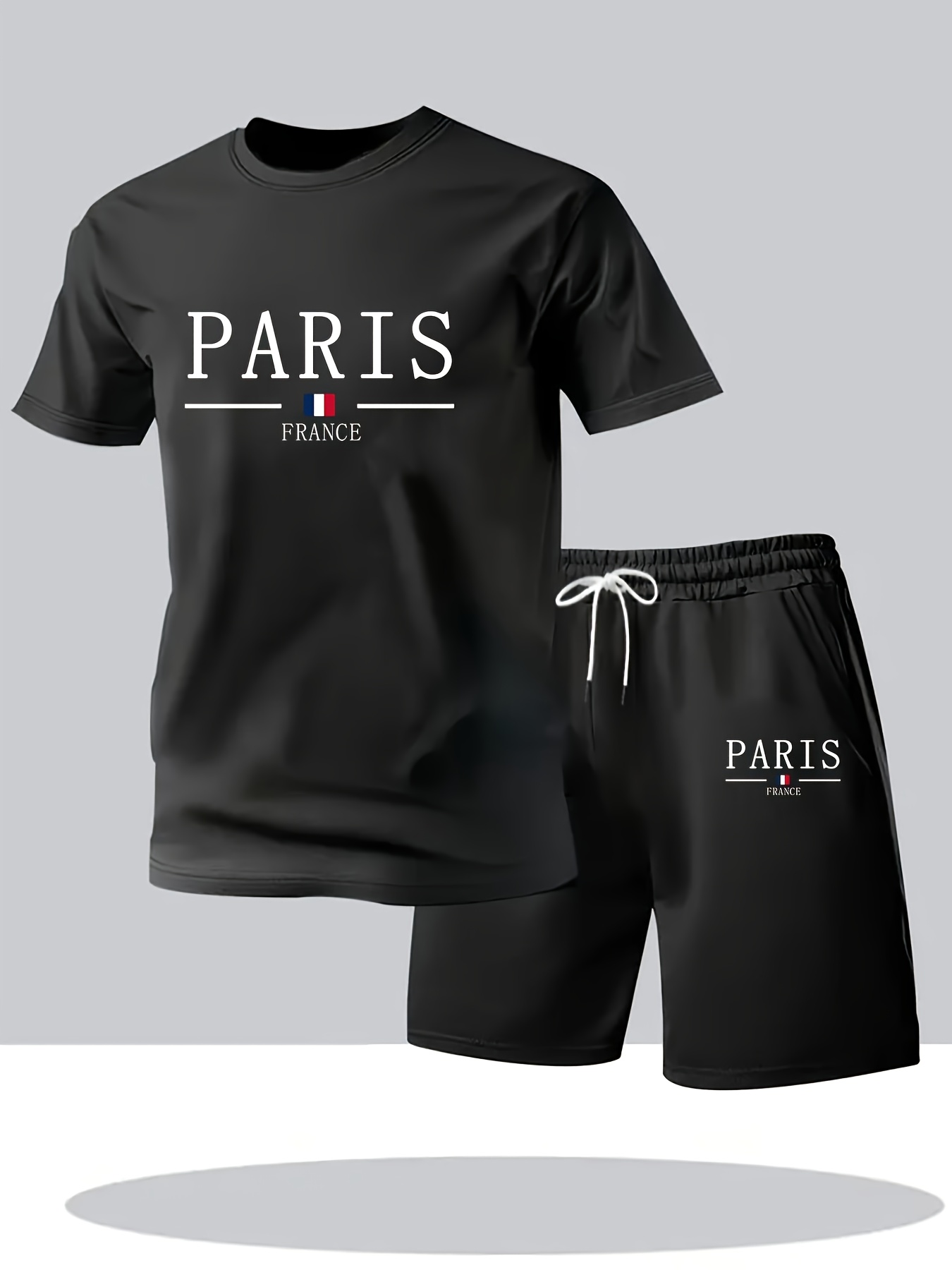 Paris Gradient Letter Print Men's Two-Piece Set: Crew Neck Short Sleeve T-Shirt and Drawstring Shorts Summer Casual Sportswear