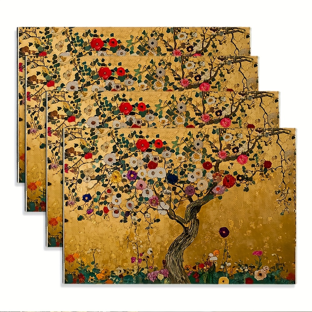 Image of 4pcs Set, Klimt Floral Pattern Golden Placemats, Fashion Printed Table Mats, Suitable For Dining Table, Kitchen, Party, Indoor, Holiday, Dinner And Home Decor (placemats)